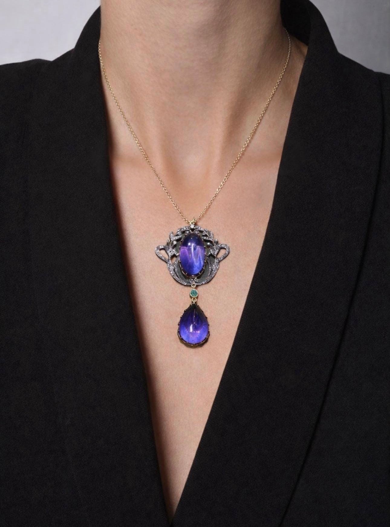 EDWARDIAN CABOCHON AMETHYST Diamonds and Emerald Silver Gilt Pendant