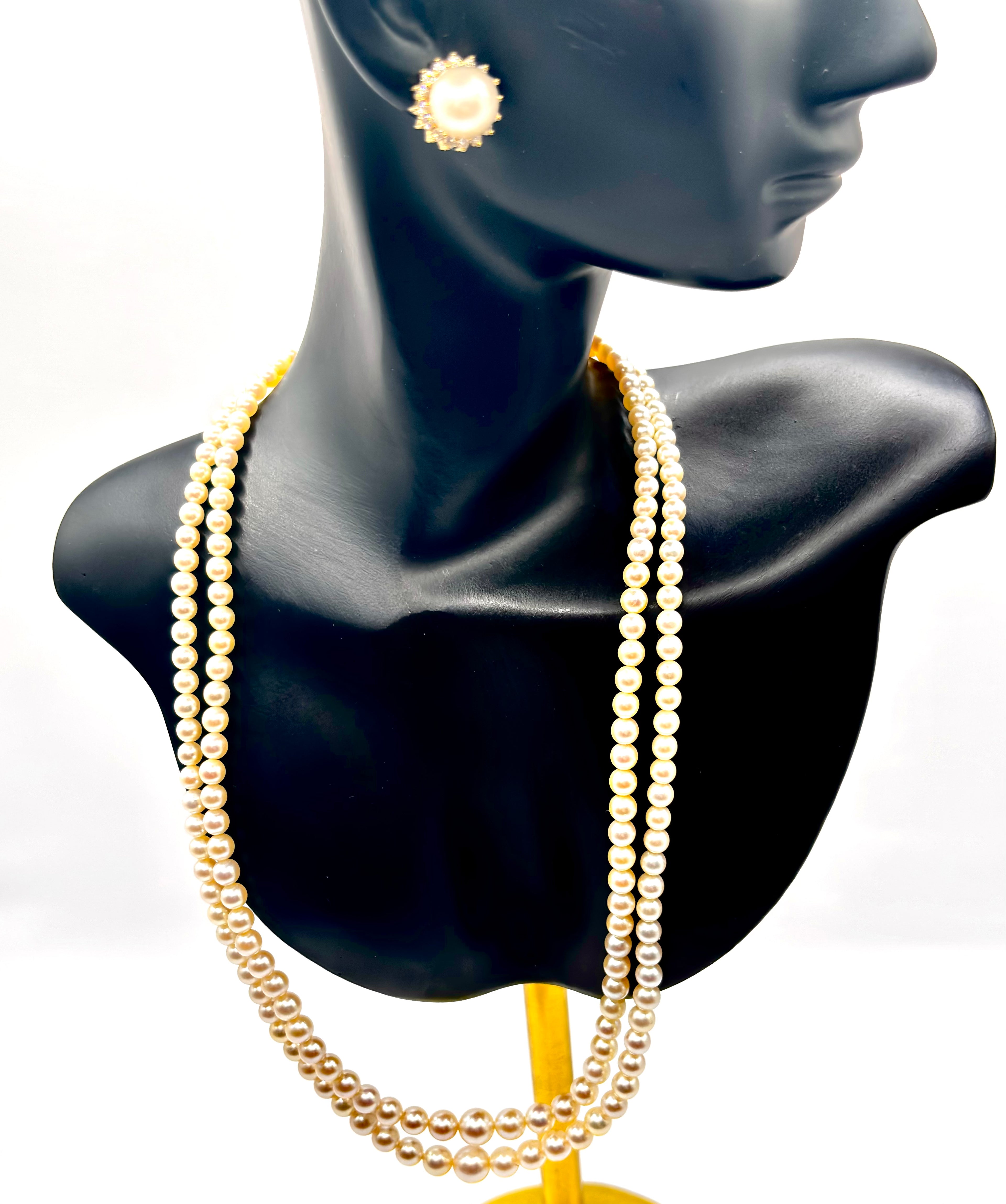Vintage Double Strand Cultured Pearl Necklace, Graduated, Gold & Pearls Clasp