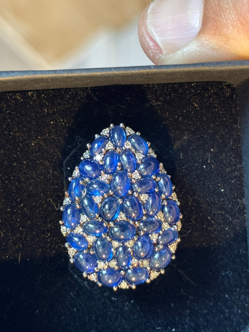 Natural Sapphire Cabochon and Diamond Statement Cocktail Ring, 13 Carats, 18K Gold & SIlver