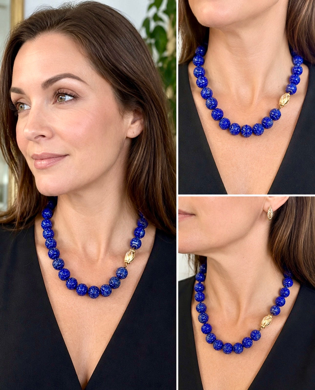 Vintage Carved Lapis Lazuli Bead Necklace with Diamond Set 14 Karat Gold Clasp