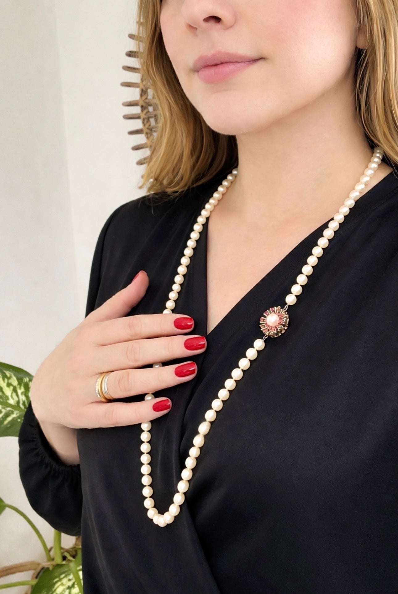 Akoya Cultured Pearl Opera Necklace, 7–8mm, 83cm, Gold & Ruby Clasp with Large Central Pearl