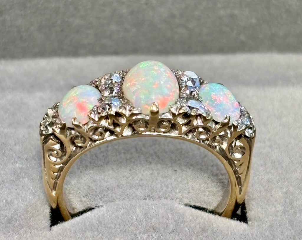 Antique Victorian Australian Opal & Old Cut Diamond Ring, Circa 1890s, 18ct Gold