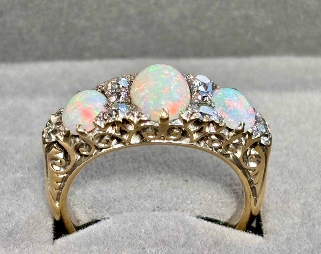 Antique Victorian Australian Opal & Old Cut Diamond Ring, Circa 1890s, 18ct Gold