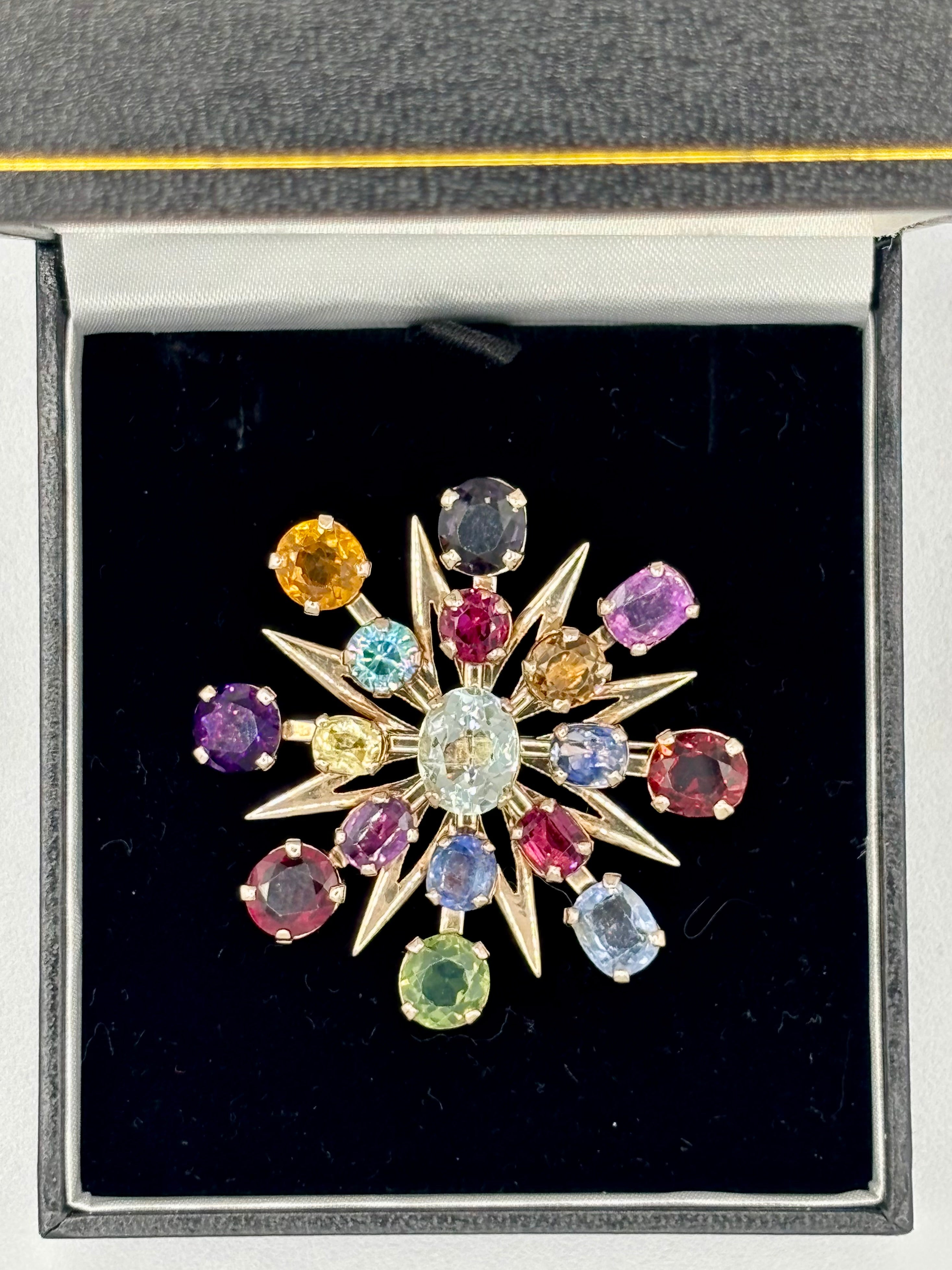 Victorian Transformation Sunburst Brooch Pendant Certified with Ceylon Sapphires and variety of precious gems