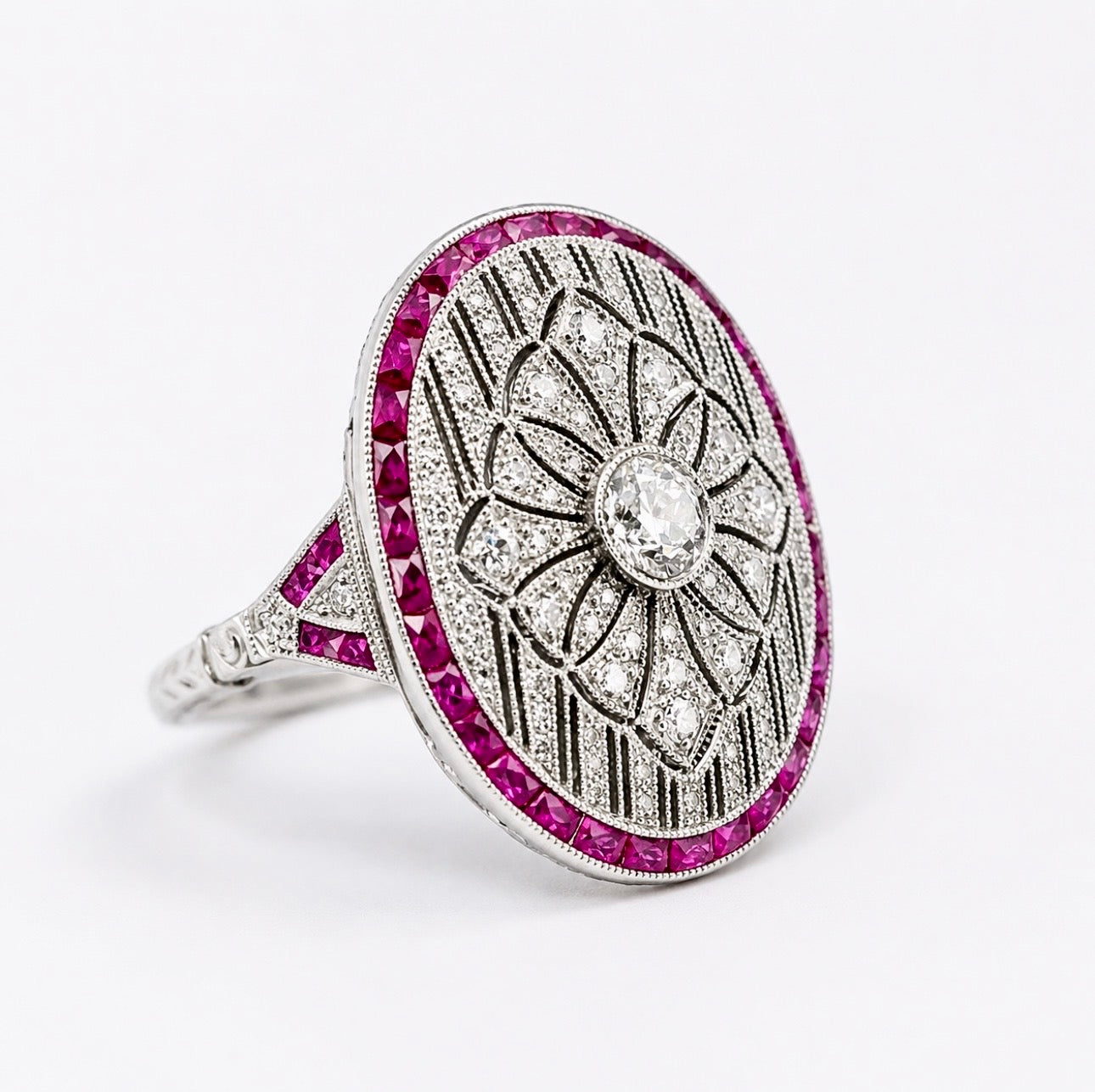 Art Deco Style Platinum Diamond, Calibre Ruby Plaque Ring, Old European Diamond 0.57 carats - overall diamond carat weight 2.07
