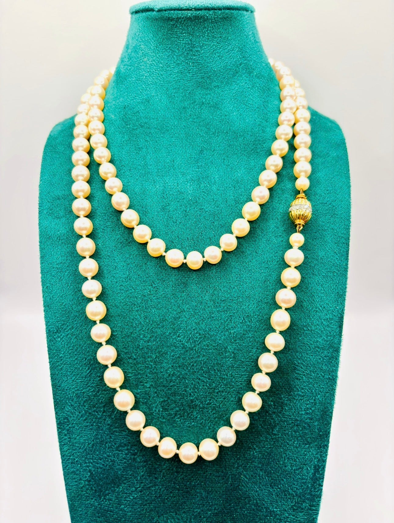 Exceptional Long Akoya Pearl Necklace, 97cm, 8mm Pearls, Hallmarked 18K Gold