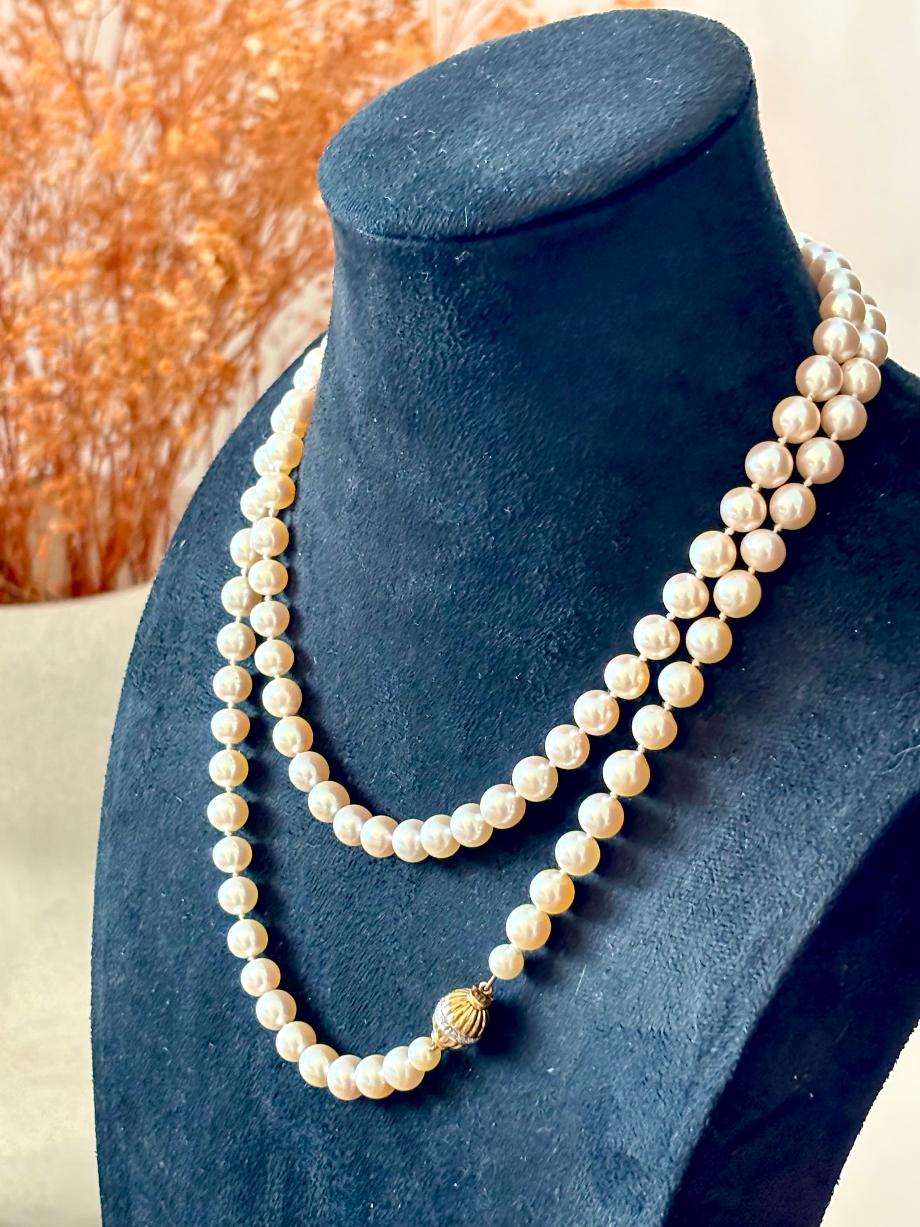 Exceptional Long Akoya Pearl Necklace, 97cm, 8mm Pearls, Hallmarked 18K Gold