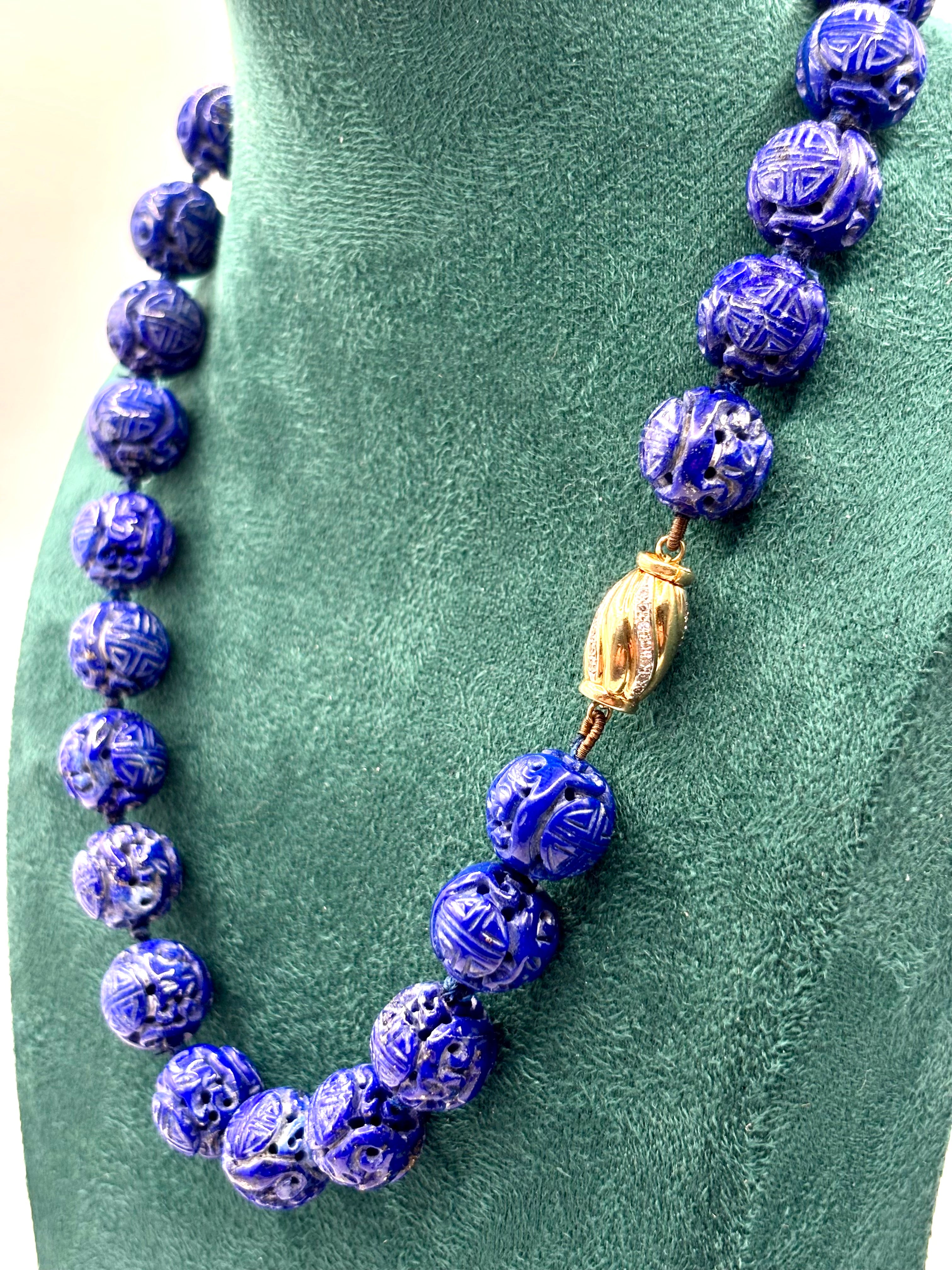 Vintage Carved Lapis Lazuli Bead Necklace with Diamond Set 14 Karat Gold Clasp