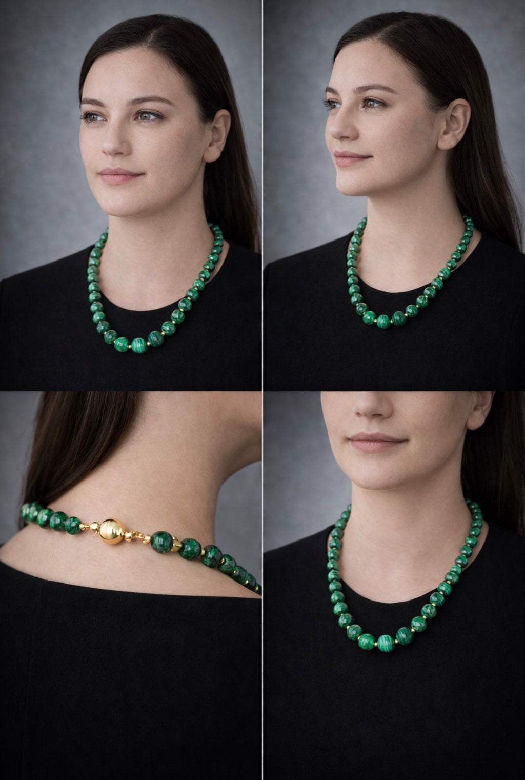 Vintage Malachite Bead Necklace, Graduated, 18k Gold Spacers & Clasp, 53cm long