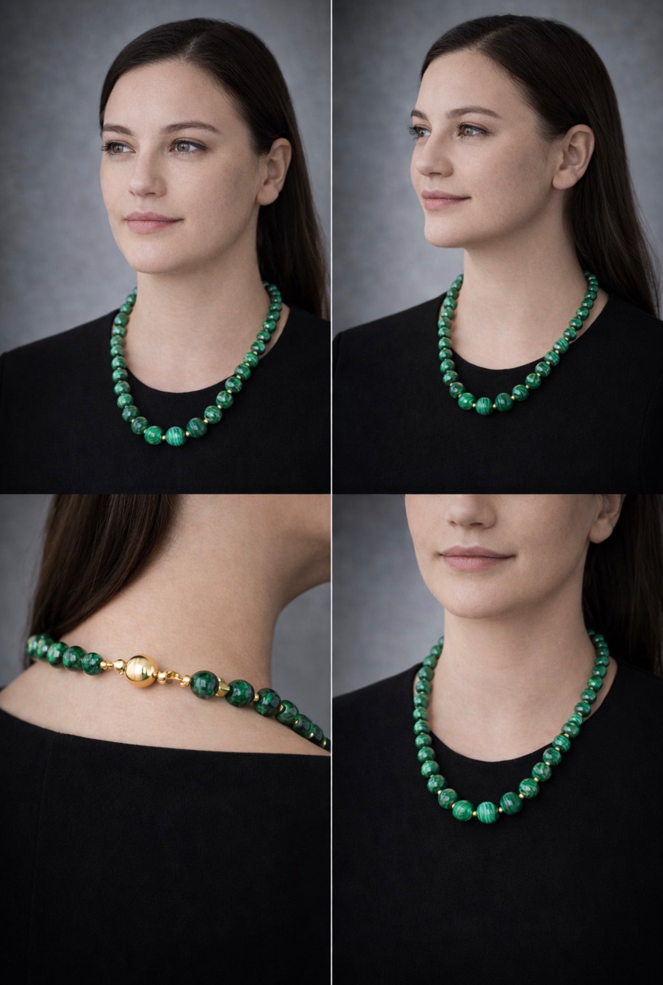Vintage Malachite Bead Necklace, Graduated, 18k Gold Spacers & Clasp, 53cm long