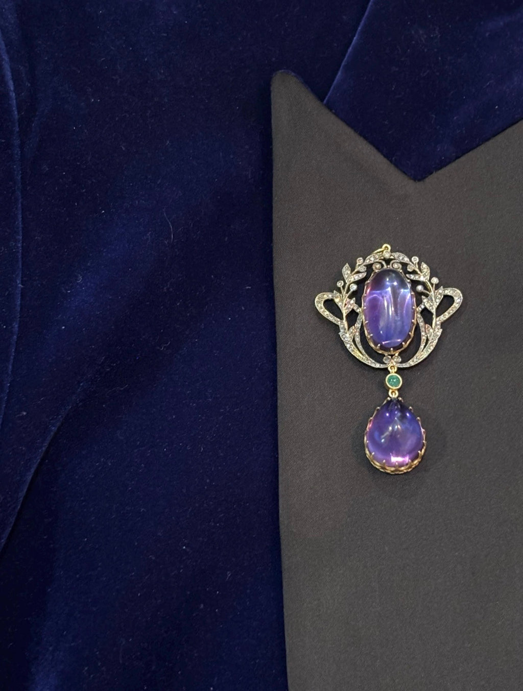 EDWARDIAN CABOCHON AMETHYST Diamonds and Emerald Silver Gilt Pendant