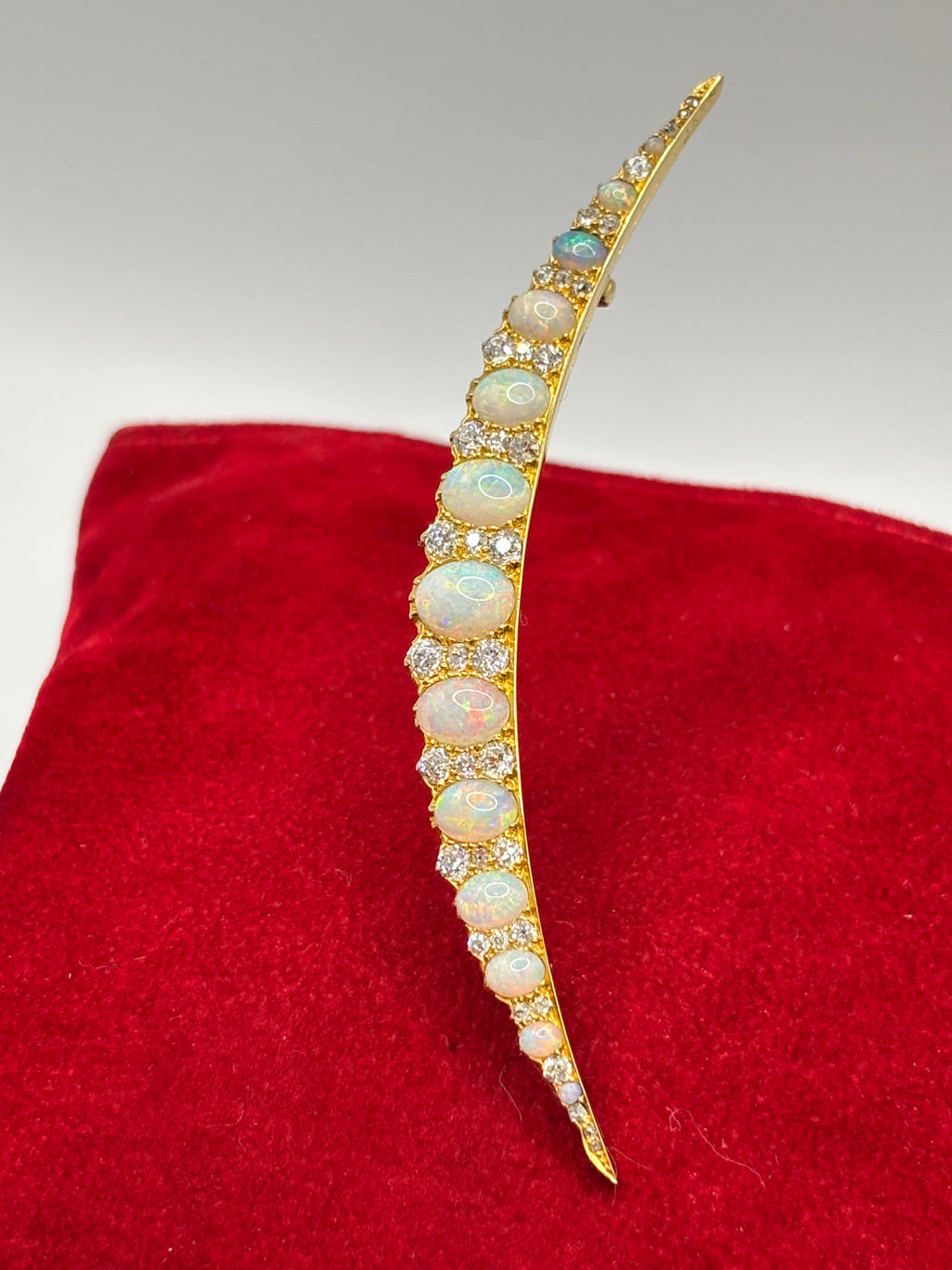 Edwardian 18K Gold Opal & Old Mine Cut Diamond Crescent Brooch, circa 1900