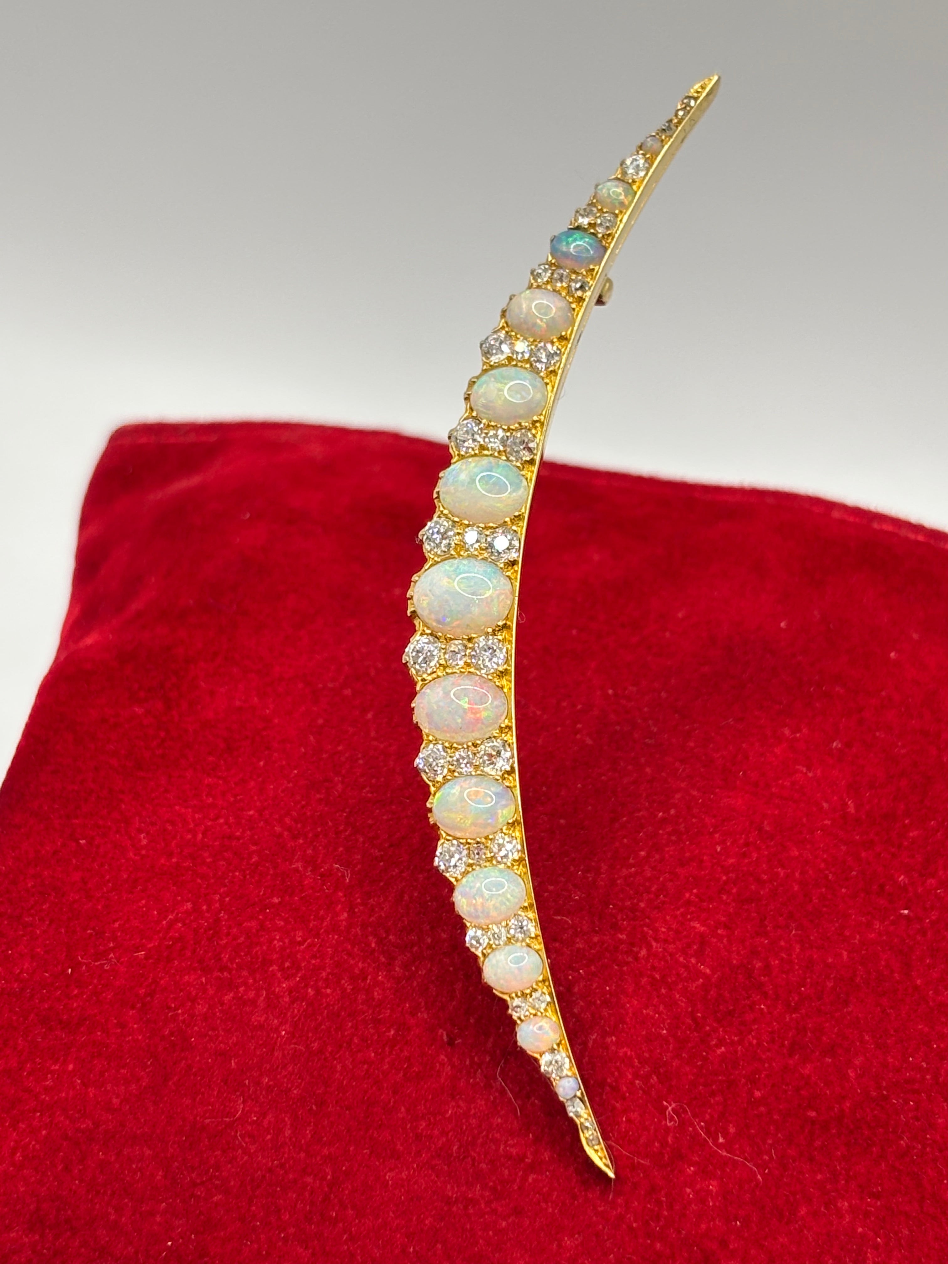 Edwardian 18K Gold Opal & Old Mine Cut Diamond Crescent Brooch, circa 1900