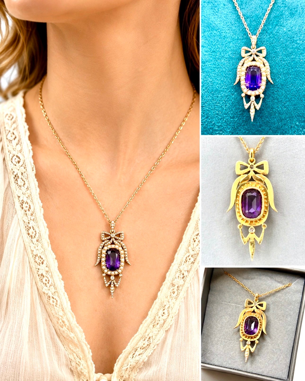 Antique Edwardian Amethyst Pearl Diamond Pendant Necklace in Gold.