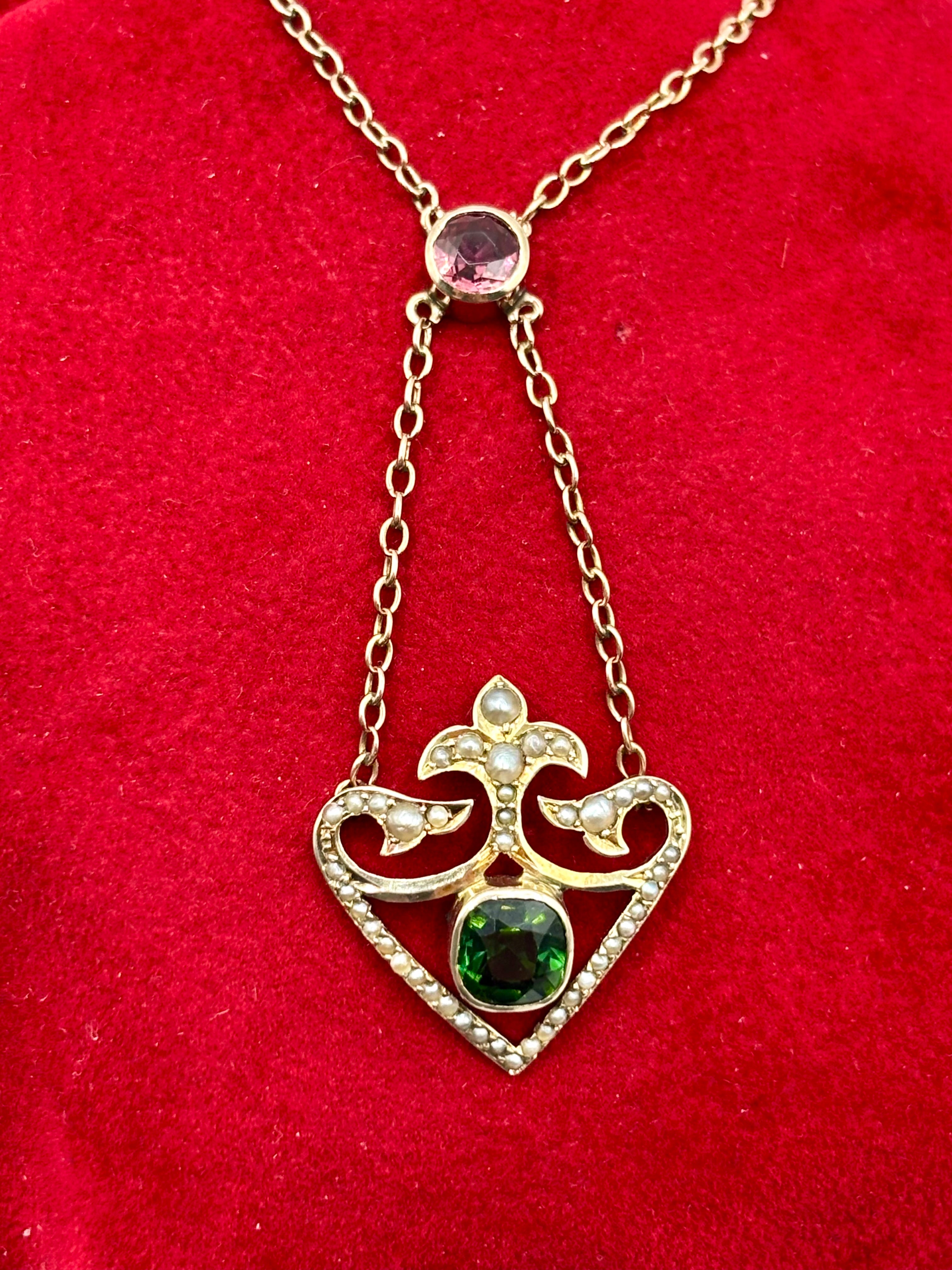 Edwardian 9ct Gold Pink & Apple Green Tourmaline Lavaliere Necklace with Pearls