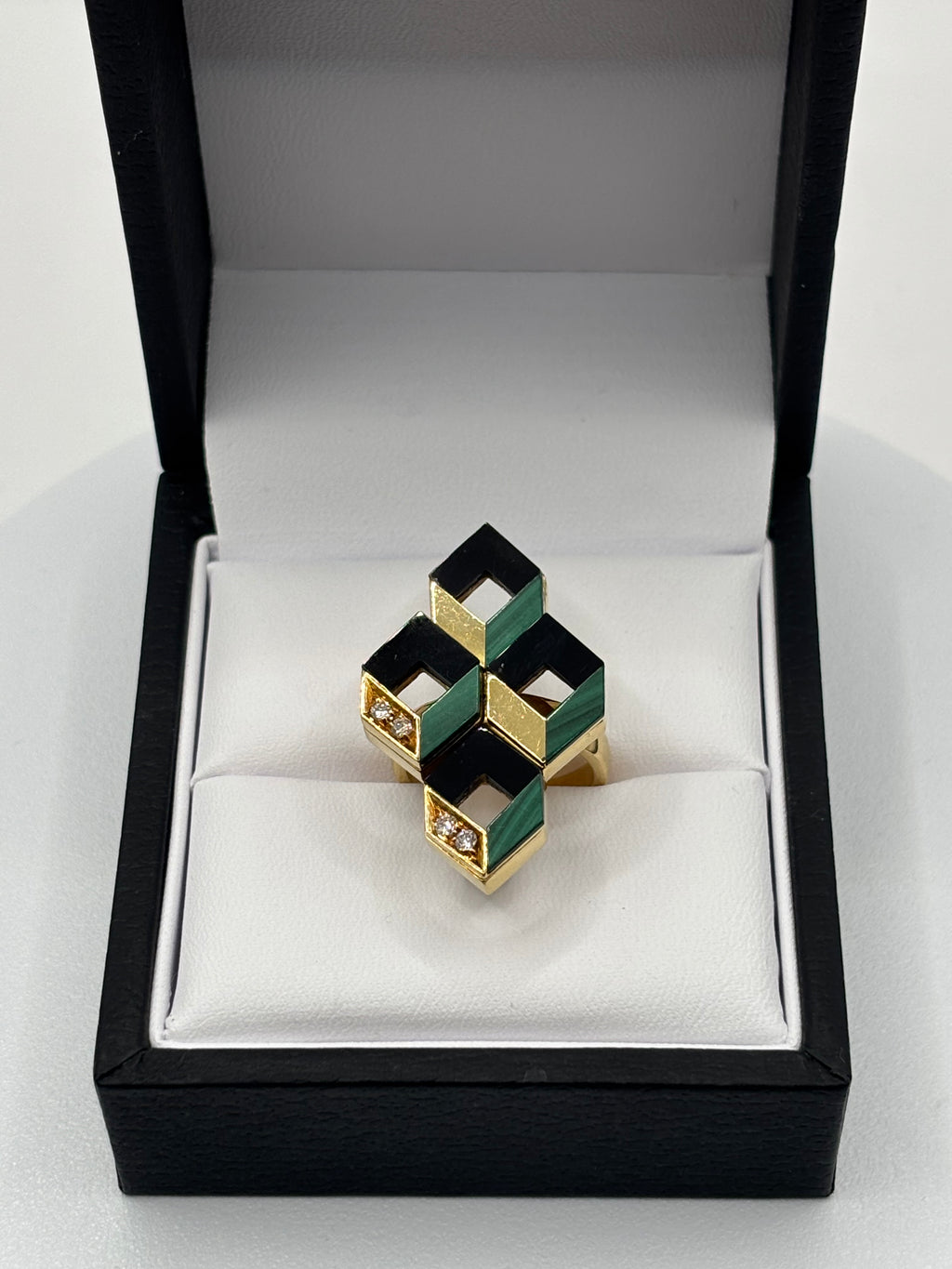 Vintage Ring 18K Gold Malachite, Onyx. Diamonds, circa 1980 Italy