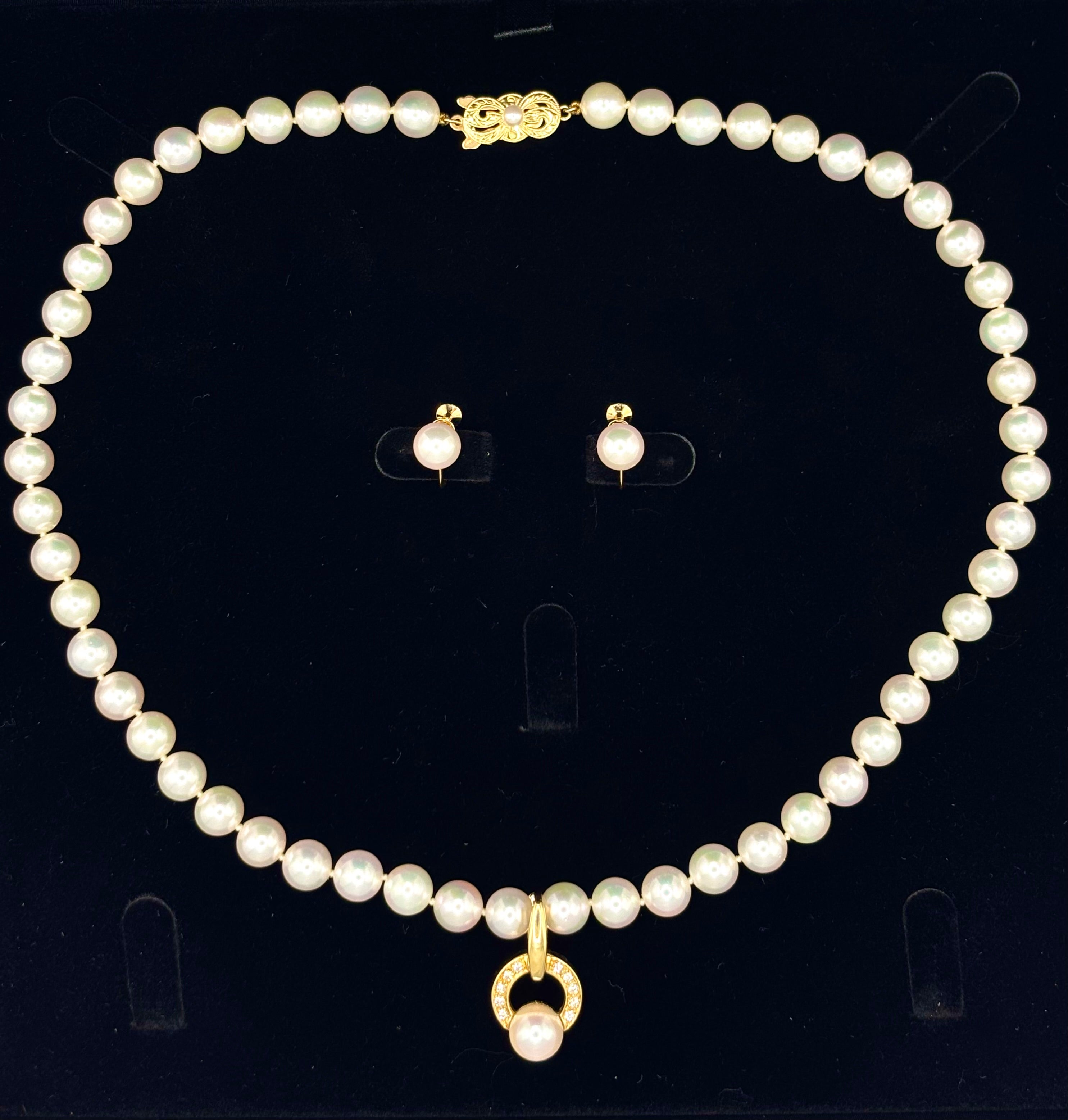 Mikimoto Cultured Akoya Pearl Necklace Suite, Diamond Pendant & Earrings, 18K Gold
