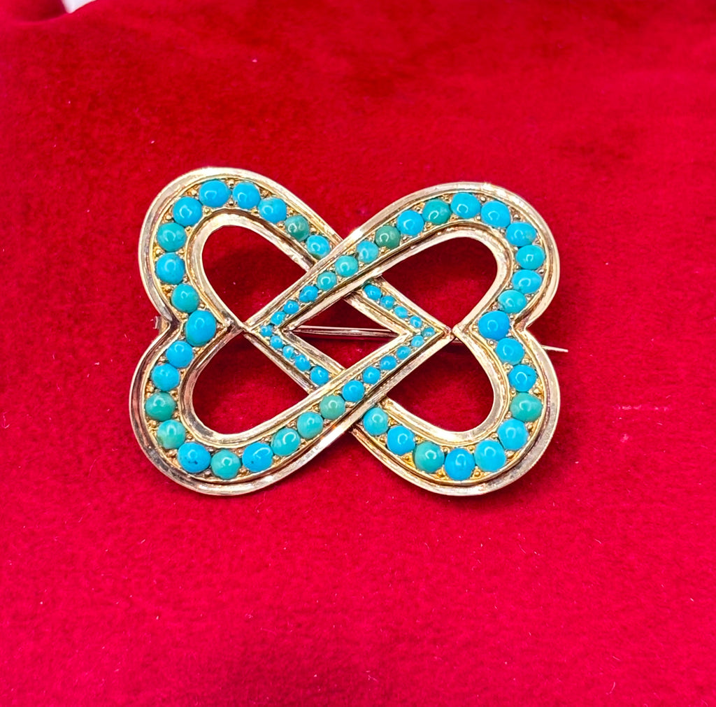 Victorian Turquoise 15ct Gold Double Heart Lover’s Knot Brooch, Circa 1880’s