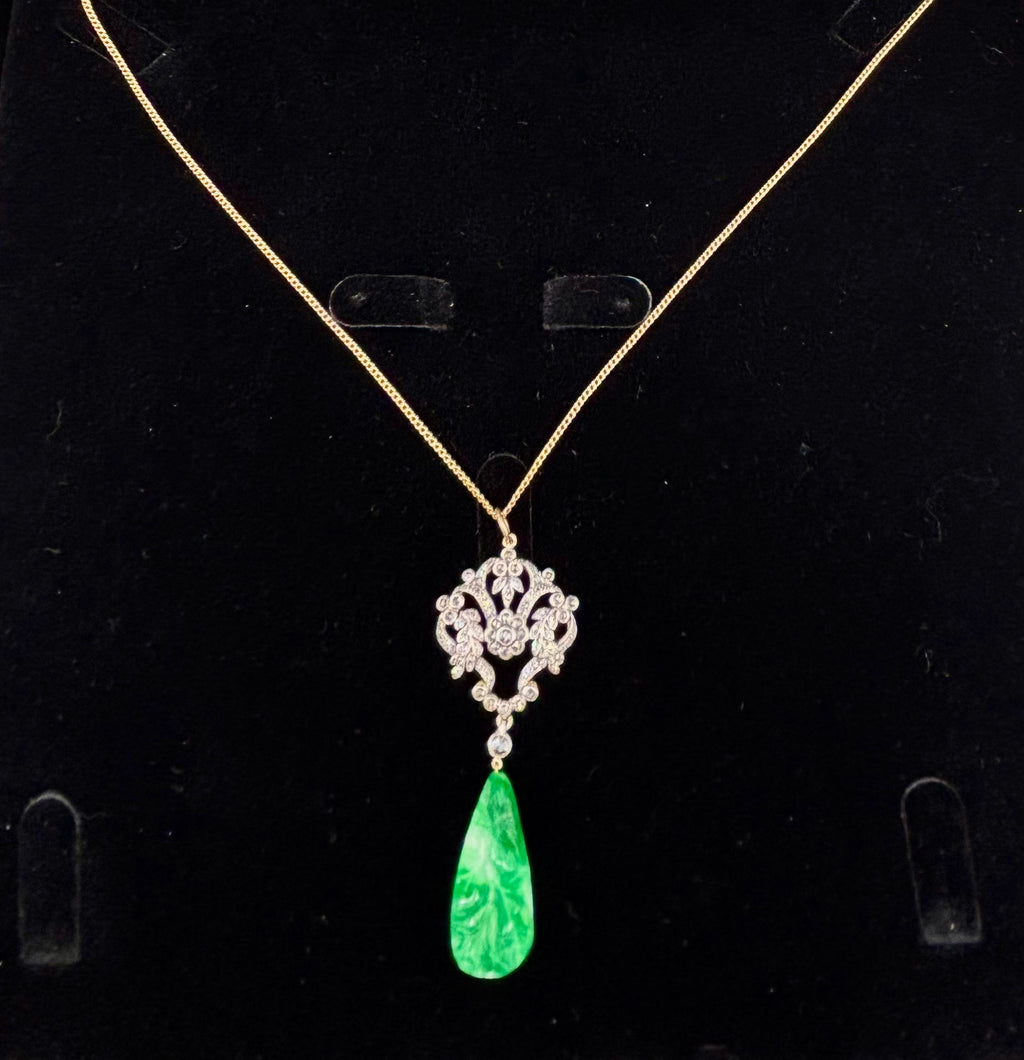 ANTIQUE JADE JADEITE & Diamonds Gold Pendant c.1900-1910