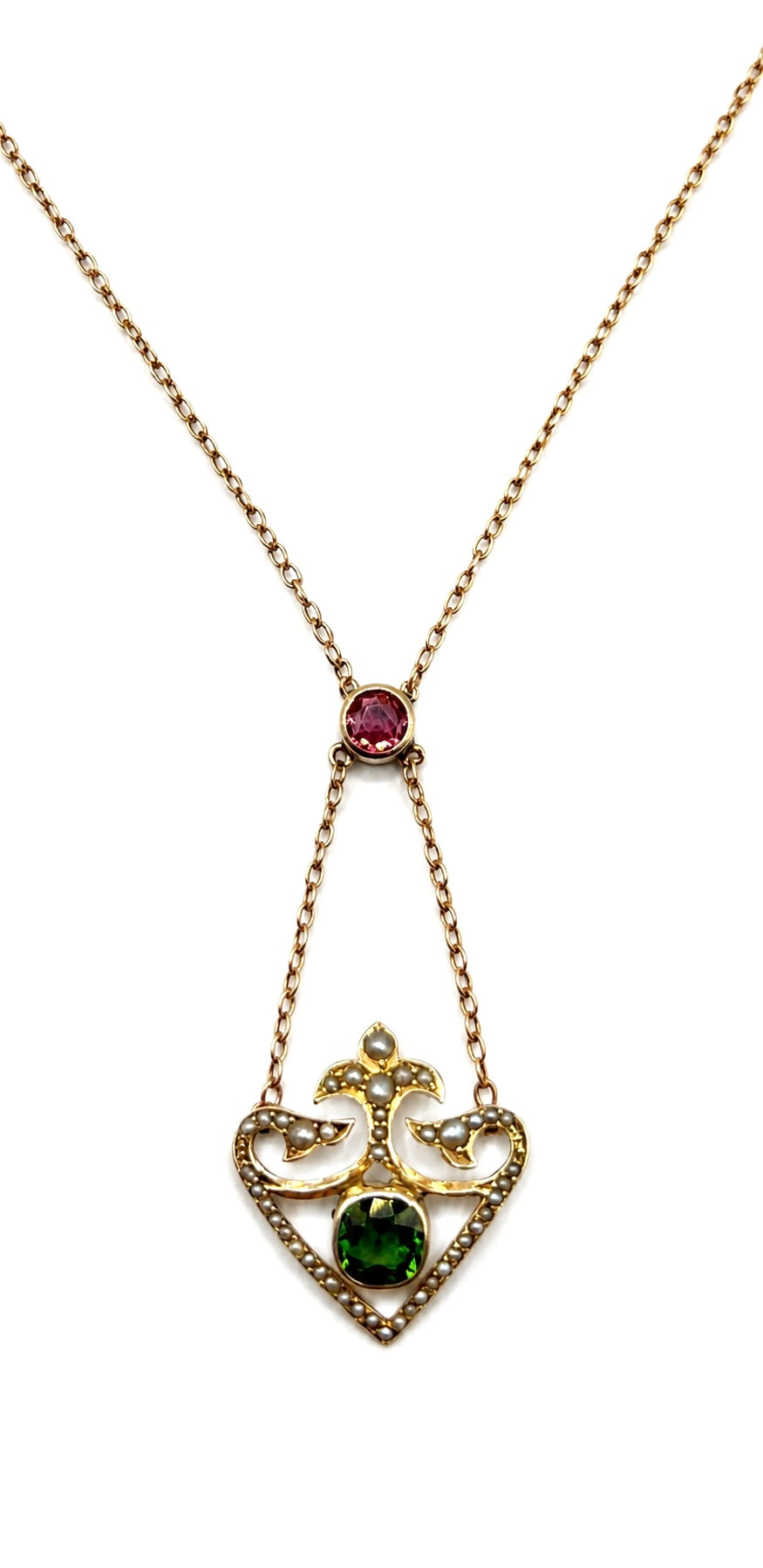 Edwardian 9ct Gold Pink & Apple Green Tourmaline Lavaliere Necklace with Pearls