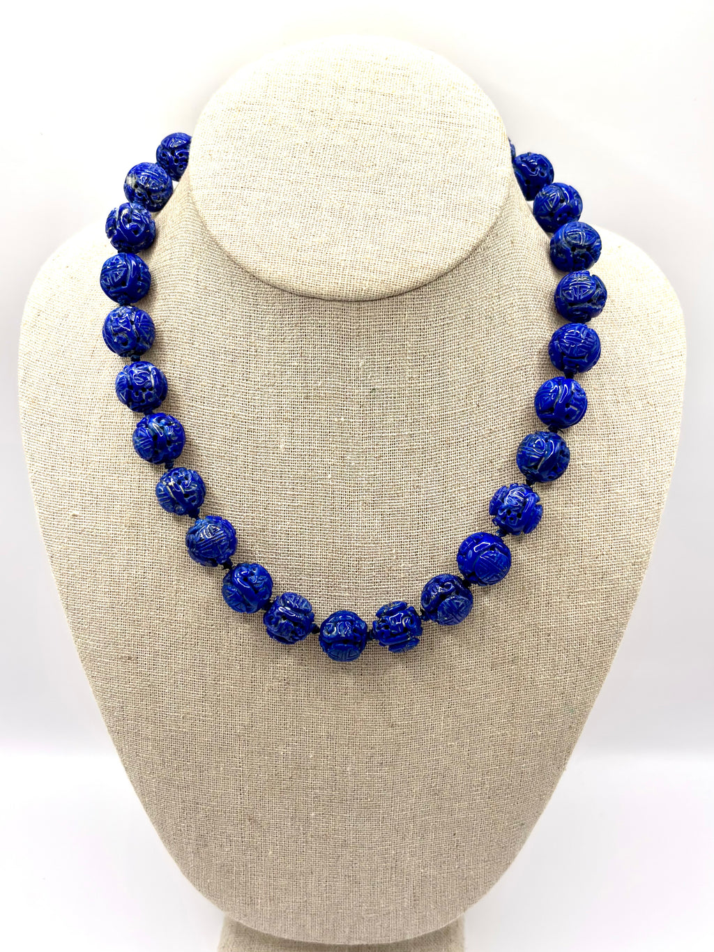 Vintage Carved Lapis Lazuli Bead Necklace with Diamond Set 14 Karat Gold Clasp