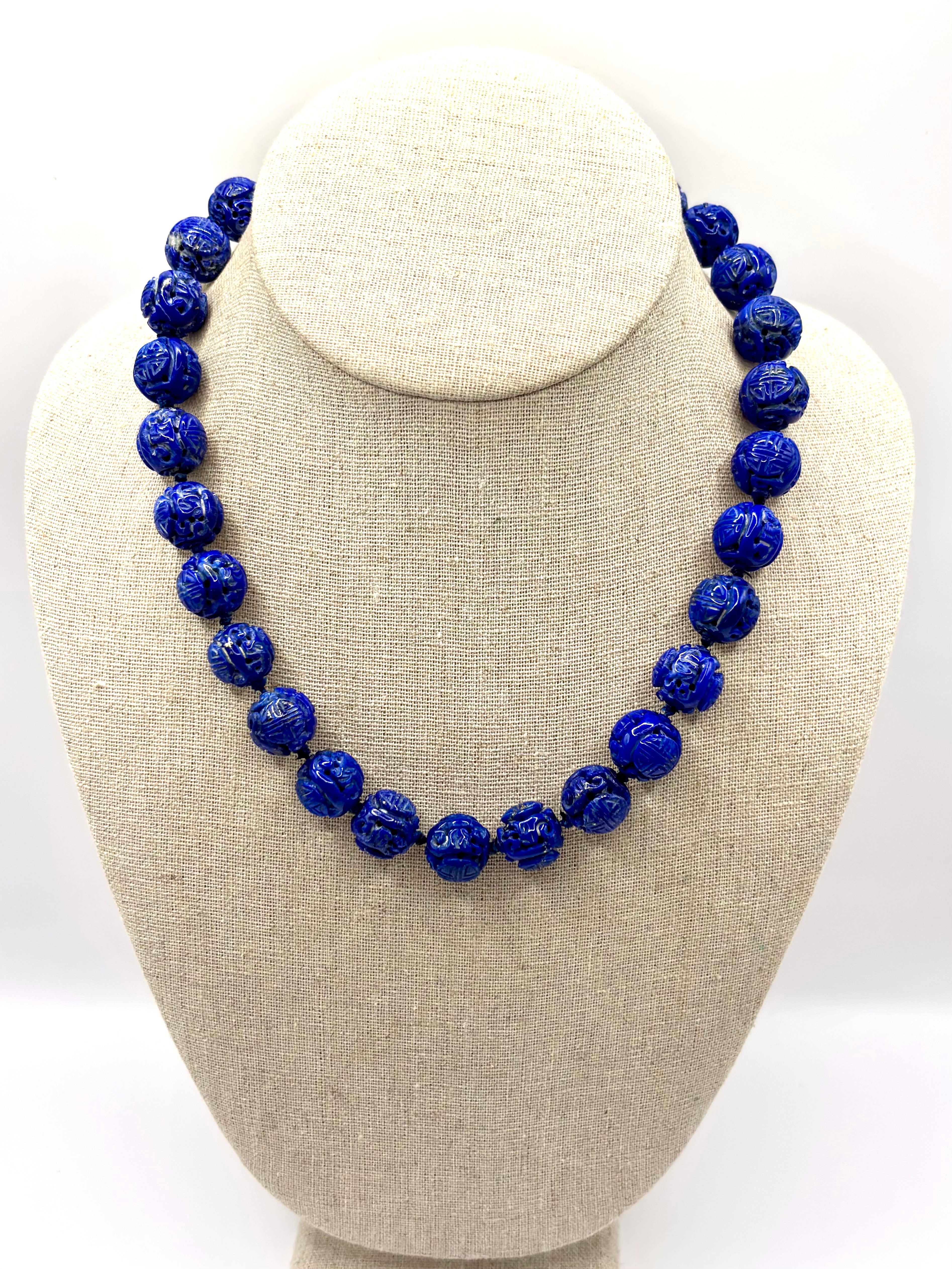 Vintage Carved Lapis Lazuli Bead Necklace with Diamond Set 14 Karat Gold Clasp