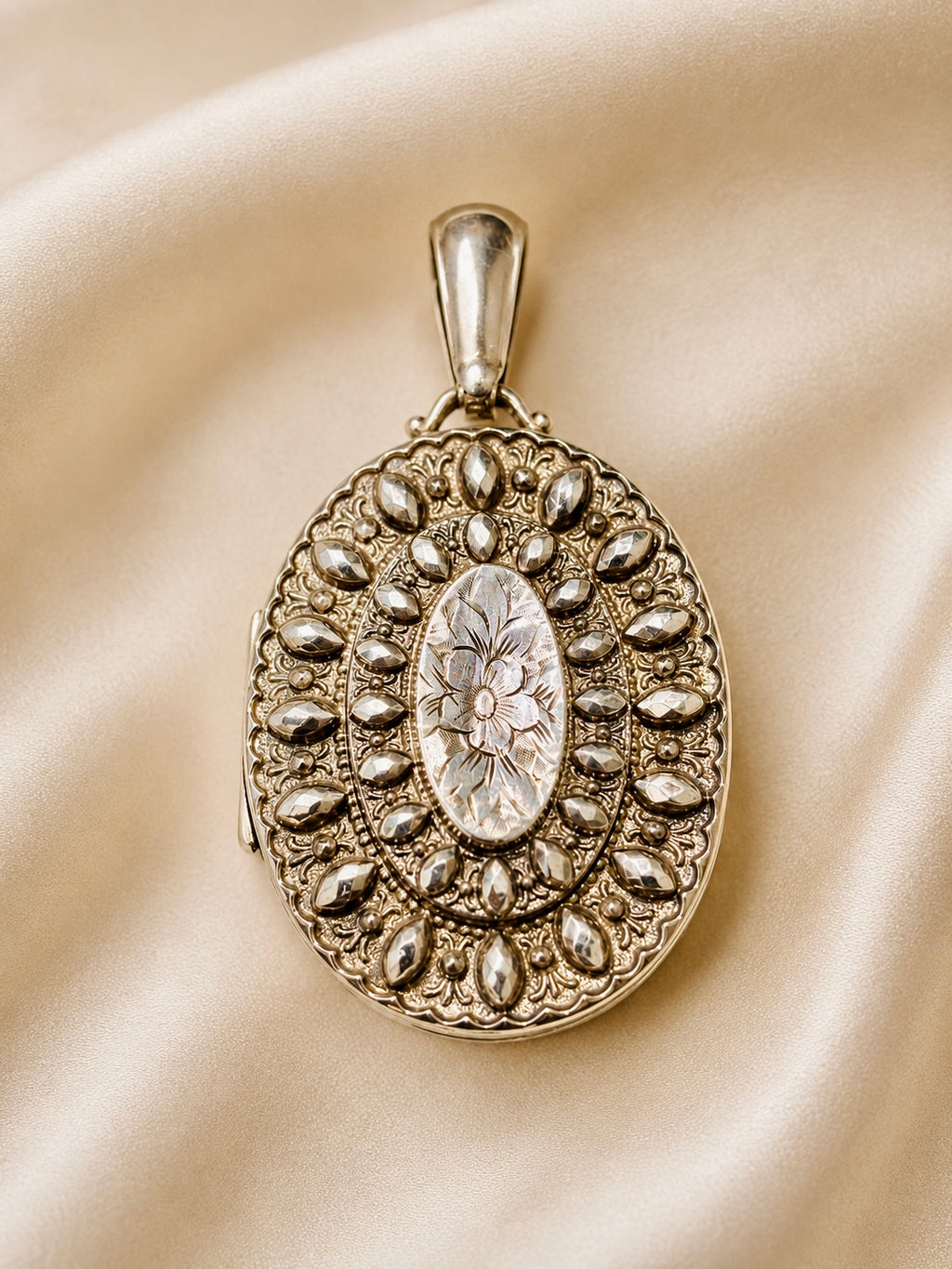 Antique Victorian Sterling Silver Book Chain Necklace with Original Oval Locket
