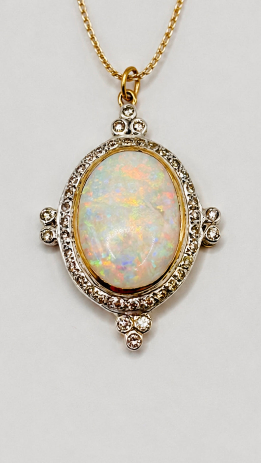 Vintage Edwardian Revival Opal and Diamond Pendant Necklace in 18K Gold with 18K Chain