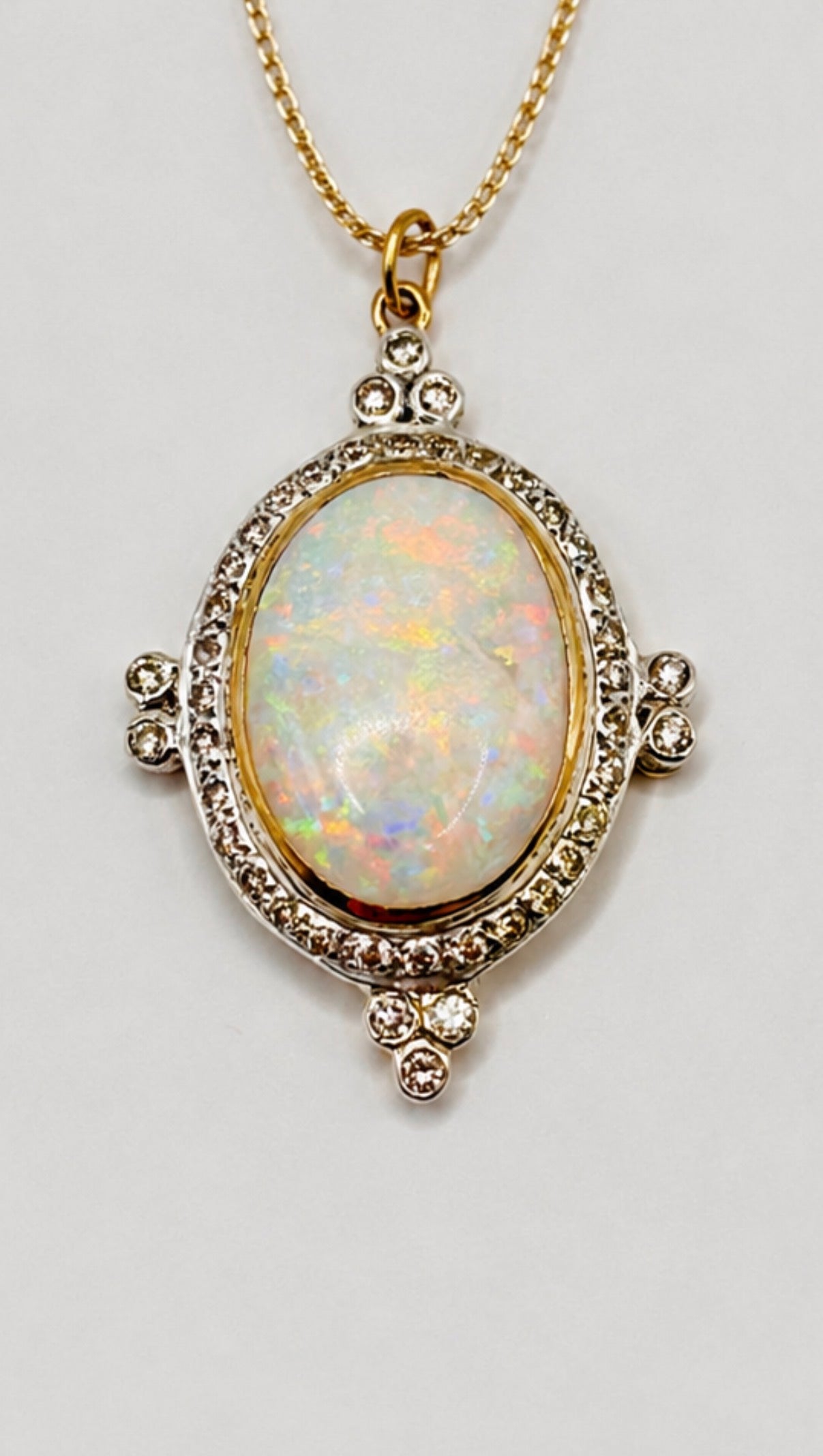 Vintage Edwardian Revival Opal and Diamond Pendant Necklace in 18K Gold with 18K Chain