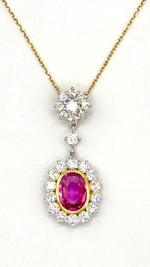 Certified Madagascar Pink Sapphire, Diamond Cluster Pendant Necklace 18K Gold
