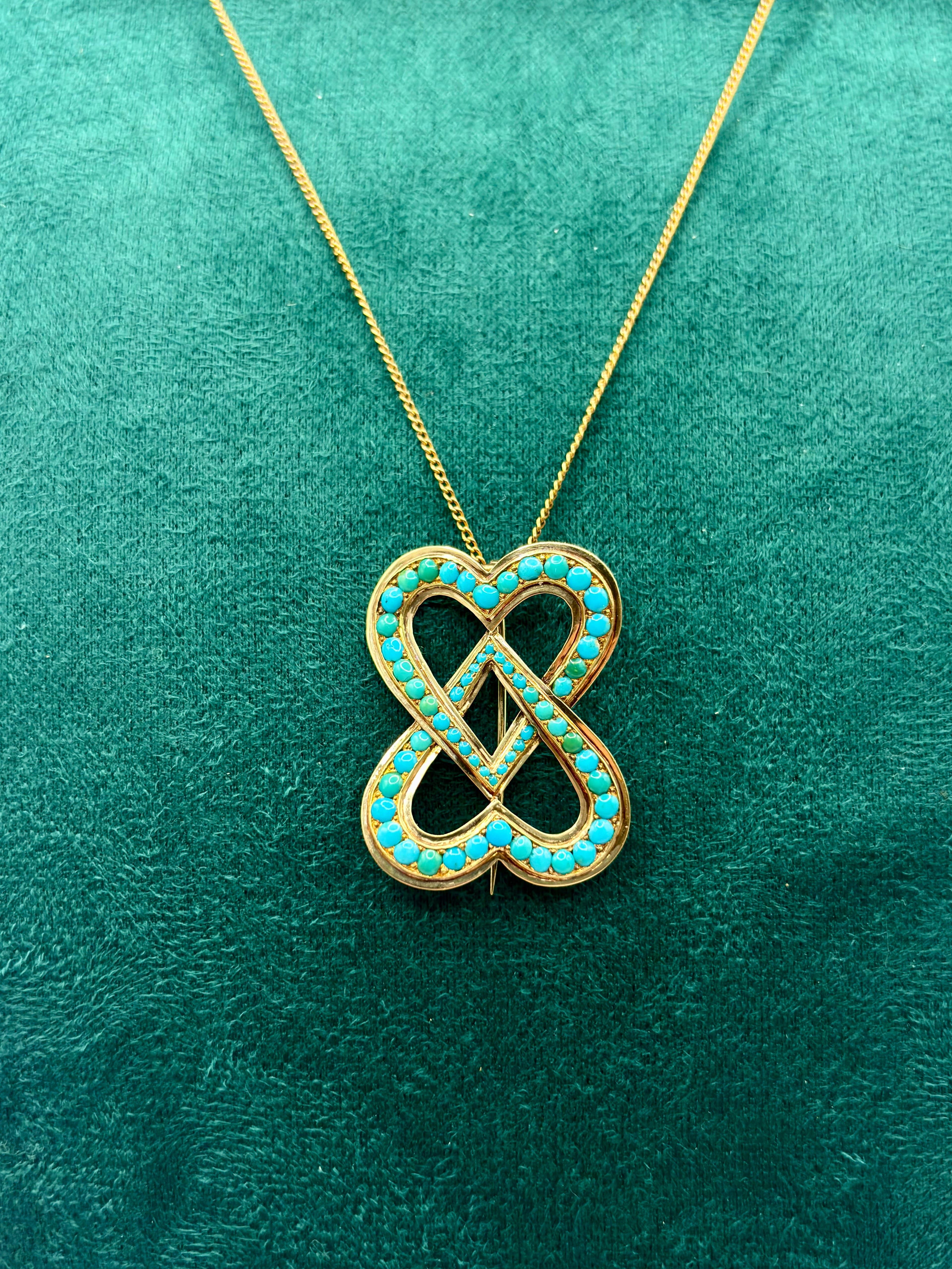 Victorian Turquoise 15ct Gold Double Heart Lover’s Knot Brooch, Circa 1880’s