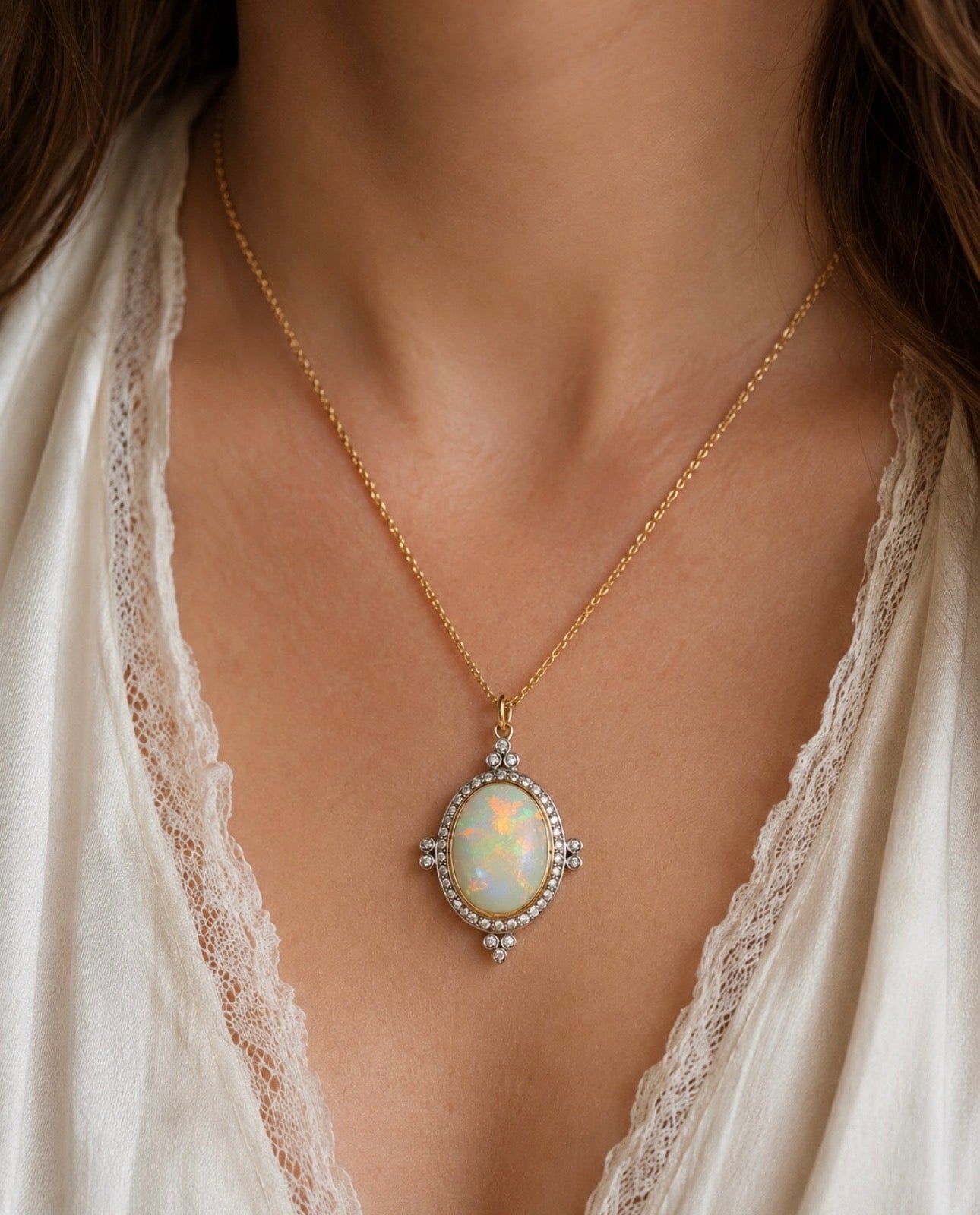 Vintage Edwardian Revival Opal and Diamond Pendant Necklace in 18K Gold with 18K Chain