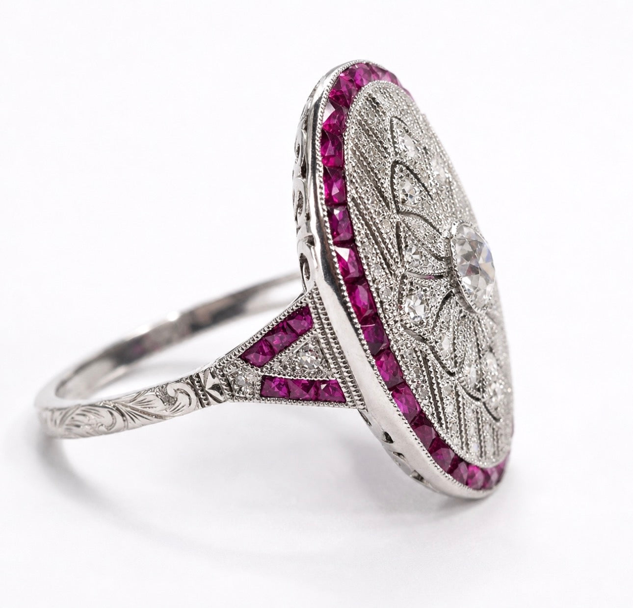 Art Deco Style Platinum Diamond, Calibre Ruby Plaque Ring, Old European Diamond 0.57 carats - overall diamond carat weight 2.07