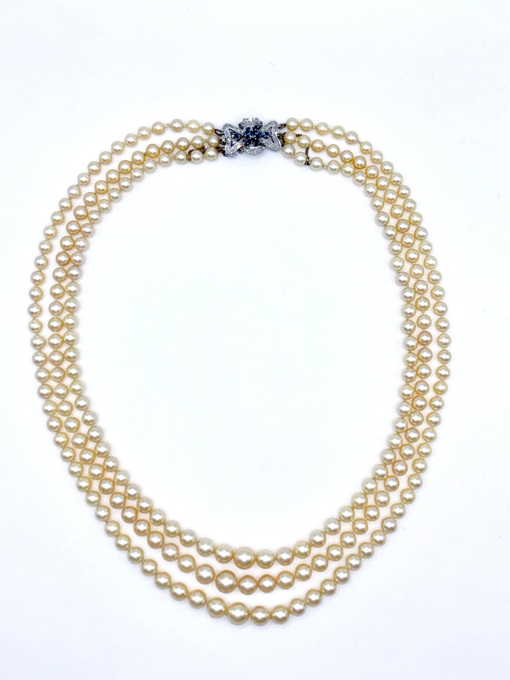 Vintage Triple-Strand Cultured Akoya Pearl Necklace 18K Carat Diamond Sapphire Bow Clasp, Circa 1960’s