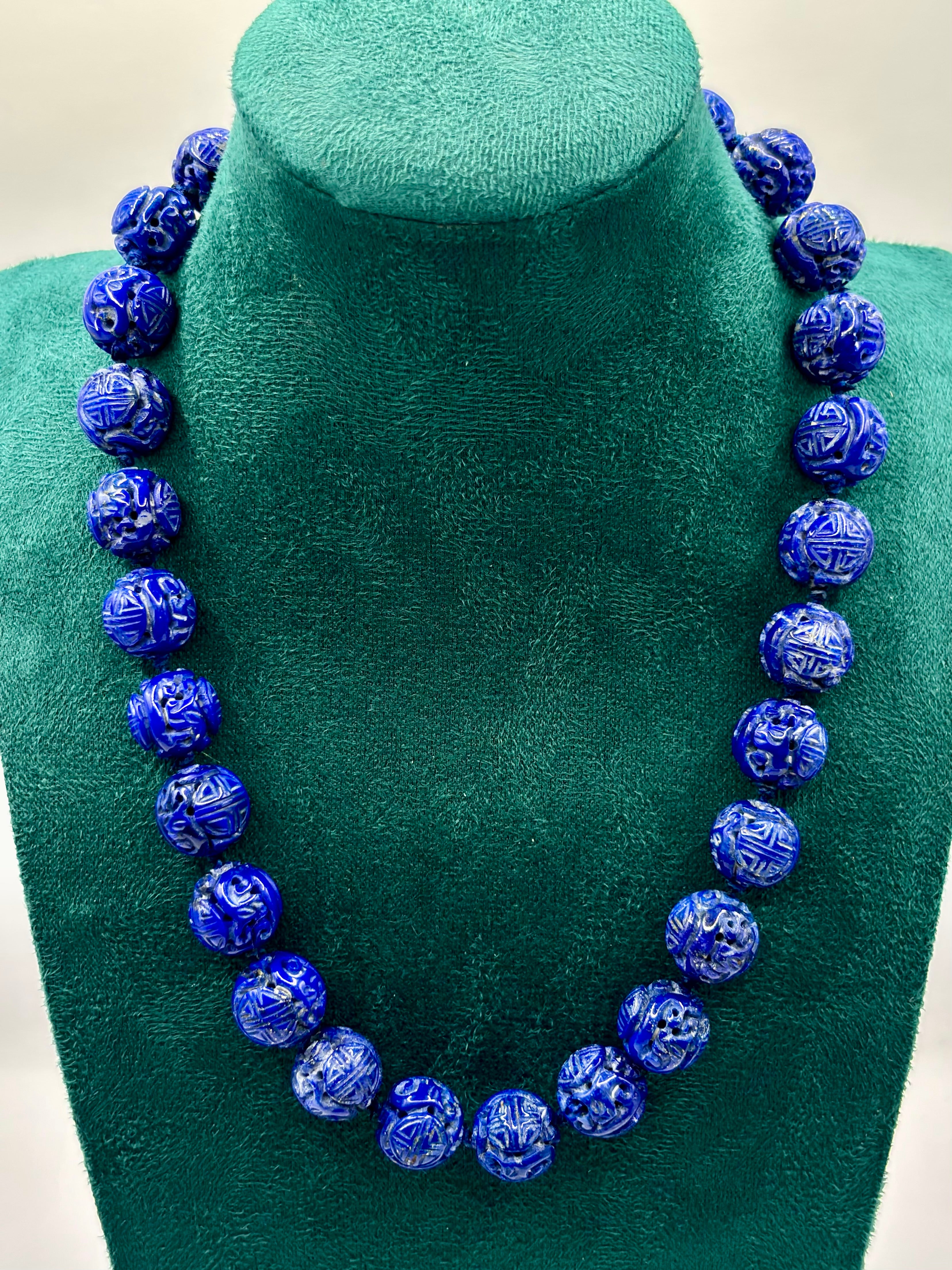 Vintage Carved Lapis Lazuli Bead Necklace with Diamond Set 14 Karat Gold Clasp