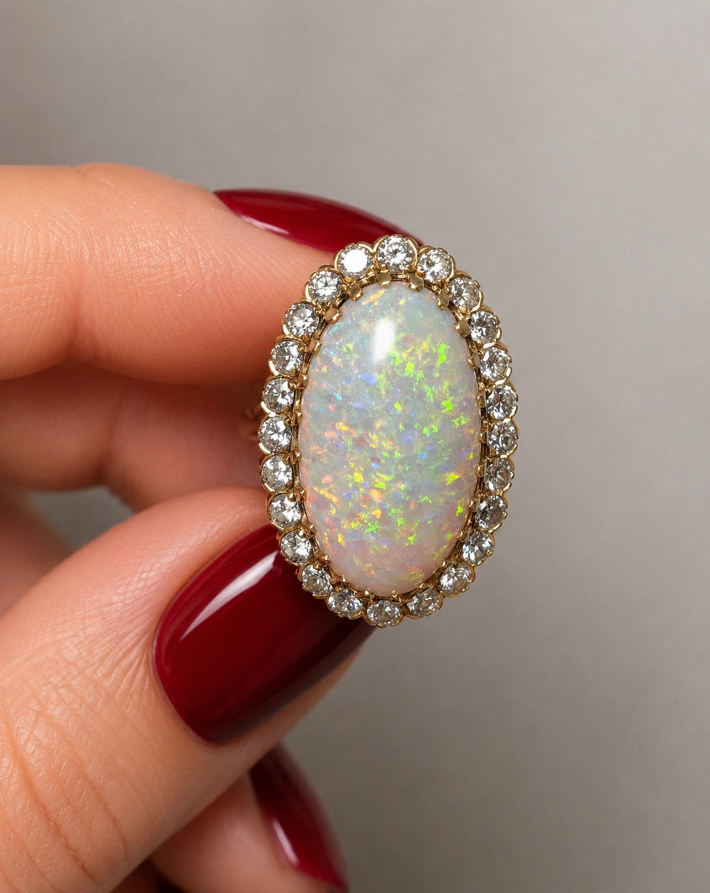 Vintage Large 8.50 carats Australian White Opal Diamond Cluster Ring in 18K Gold