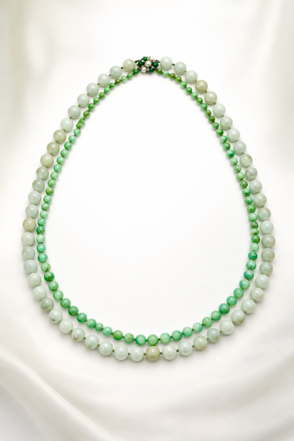 Certified Double Strand Natural Jade Bead Necklace, 14k Diamond Pearl Clasp, Statement Piece