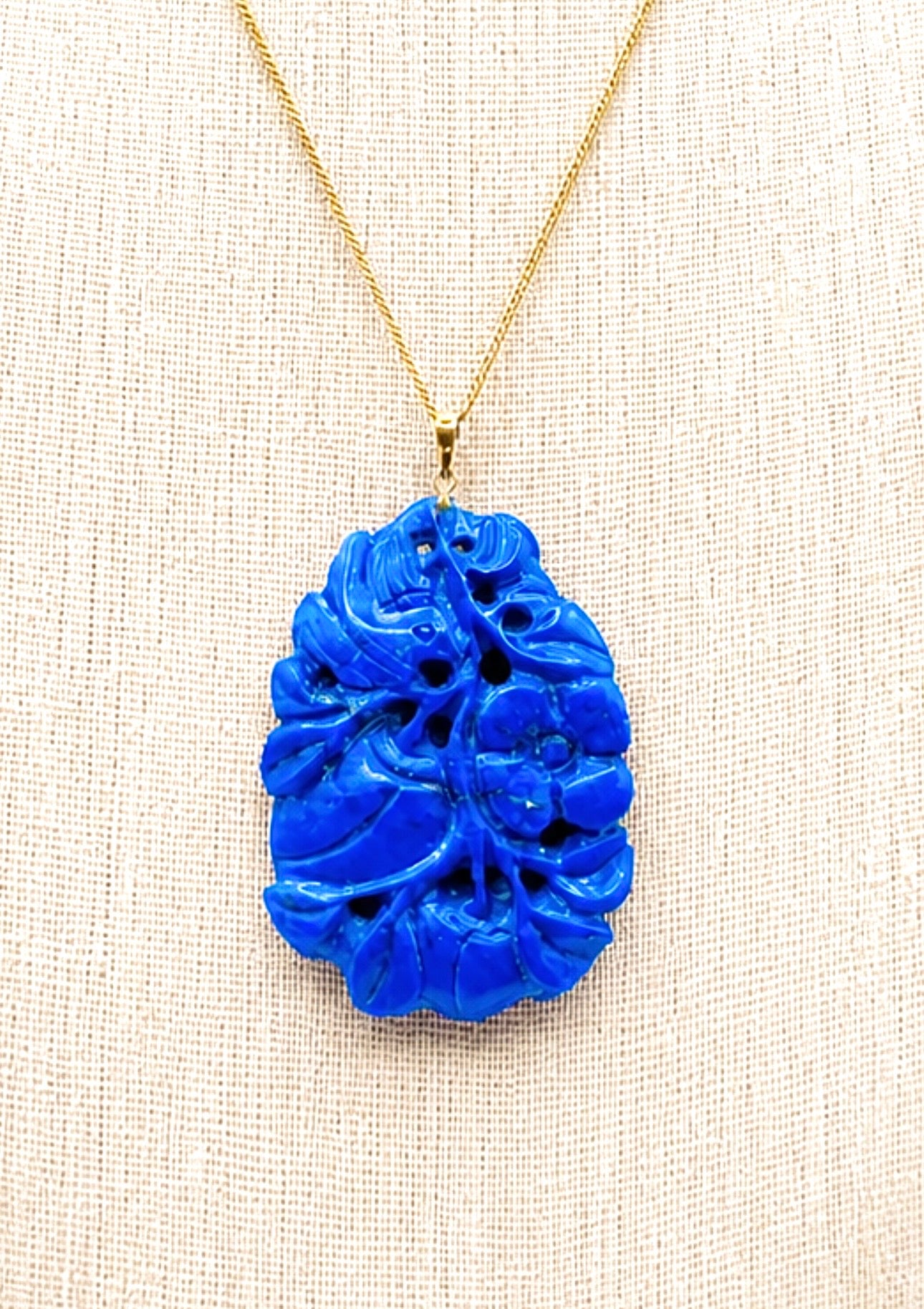 Large Double-Sided Carved Lapis Lazuli Pendant, Figural Bird Motif, Gold Bail