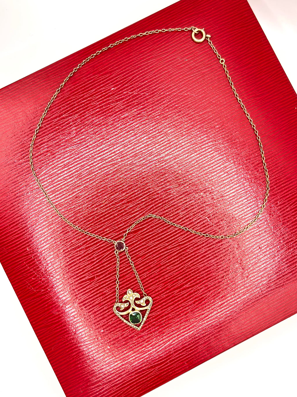 Edwardian 9ct Gold Pink & Apple Green Tourmaline Lavaliere Necklace with Pearls