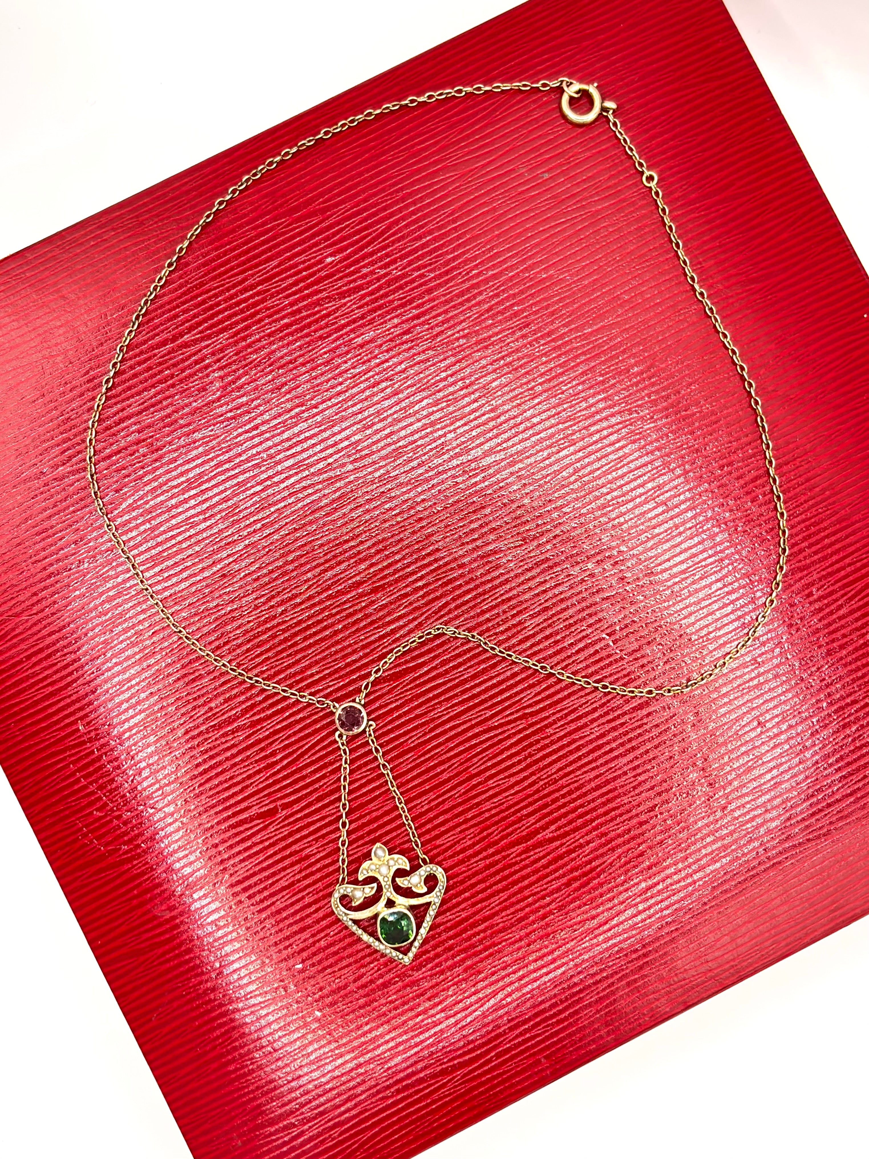 Edwardian 9ct Gold Pink & Apple Green Tourmaline Lavaliere Necklace with Pearls