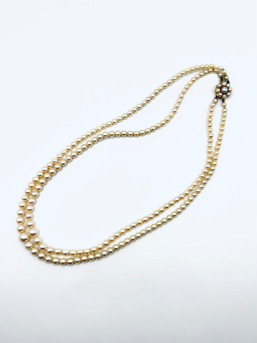 Vintage Double Strand Cultured Pearl Necklace, Graduated, Gold & Pearls Clasp