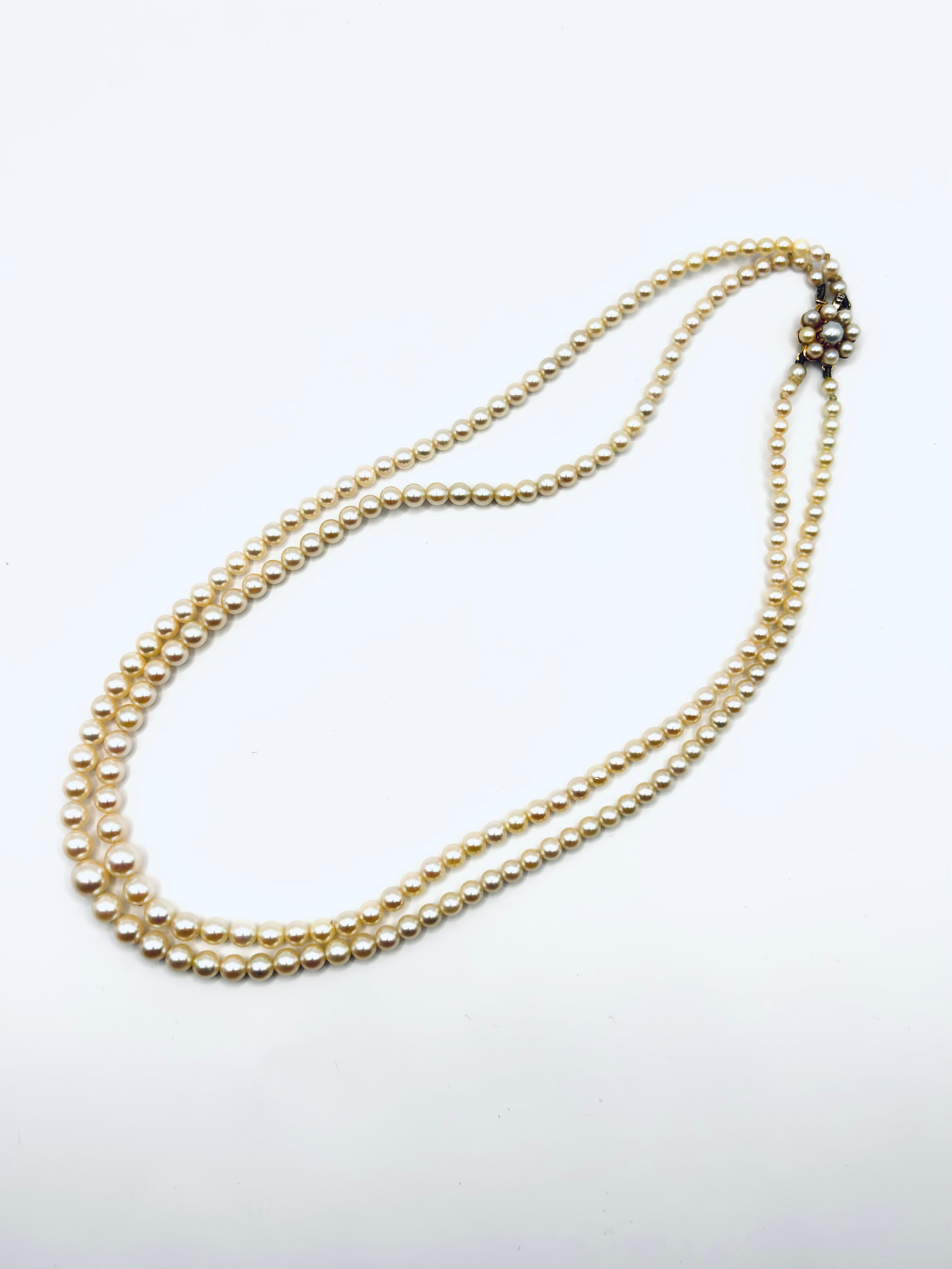 Vintage Double Strand Cultured Pearl Necklace, Graduated, Gold & Pearls Clasp