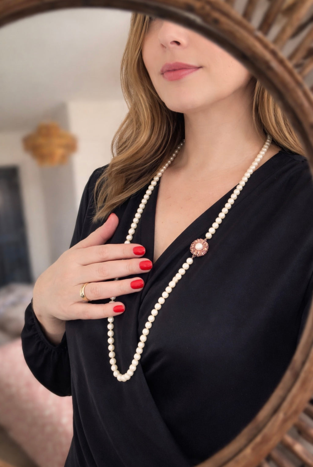 Akoya Cultured Pearl Opera Necklace, 7–8mm, 83cm, Gold & Ruby Clasp with Large Central Pearl