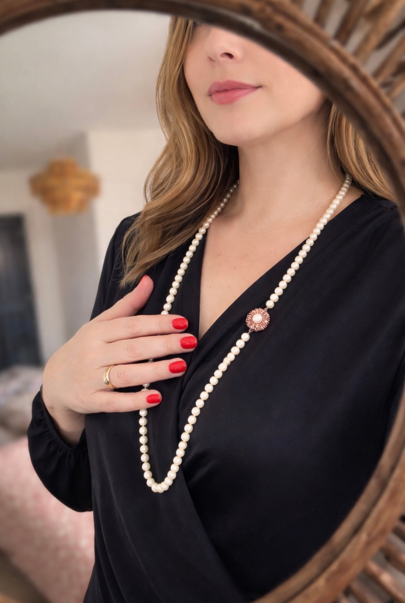 Akoya Cultured Pearl Opera Necklace, 7–8mm, 83cm, Gold & Ruby Clasp with Large Central Pearl