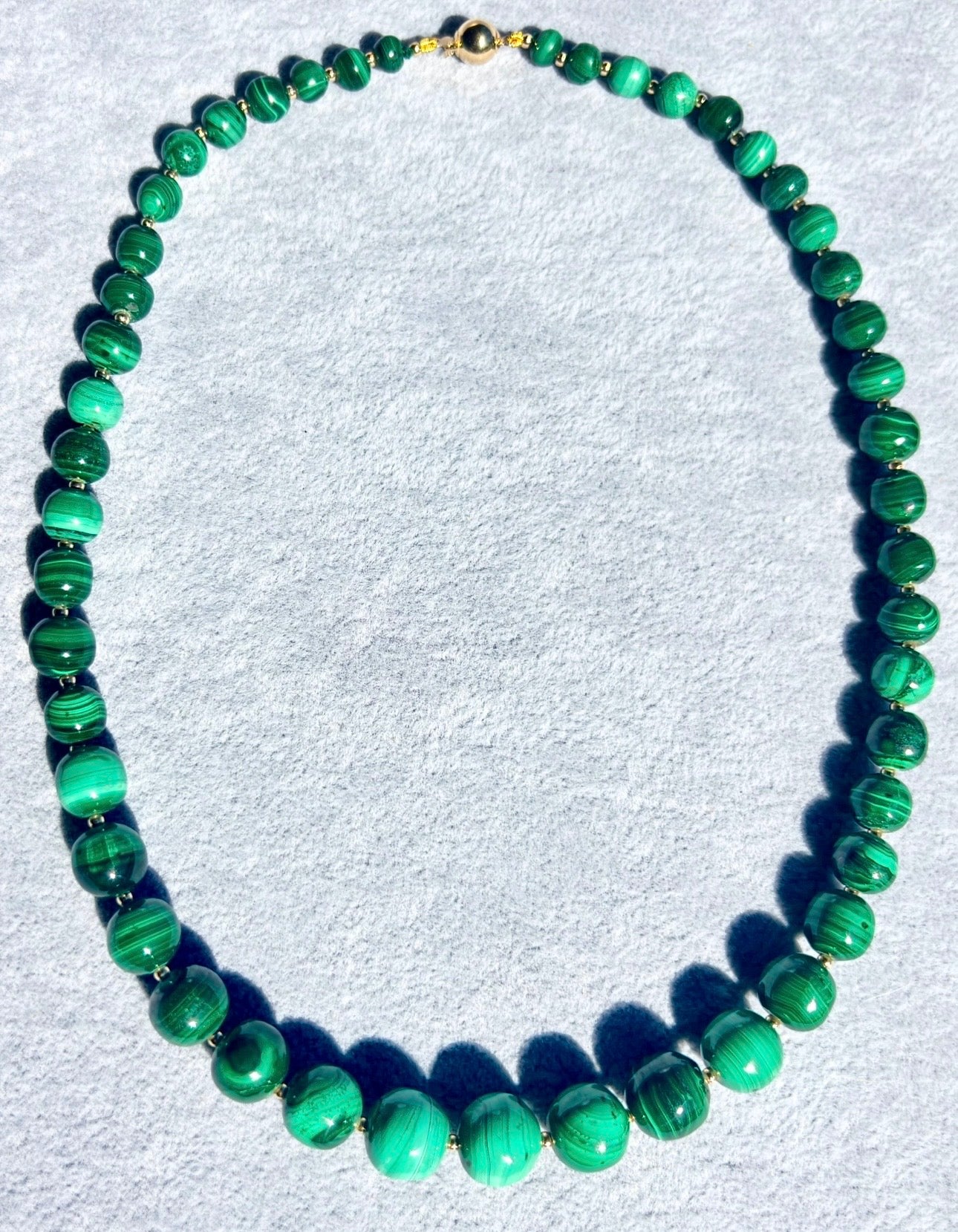 Vintage Malachite Bead Necklace, Graduated, 18k Gold Spacers & Clasp, 53cm long