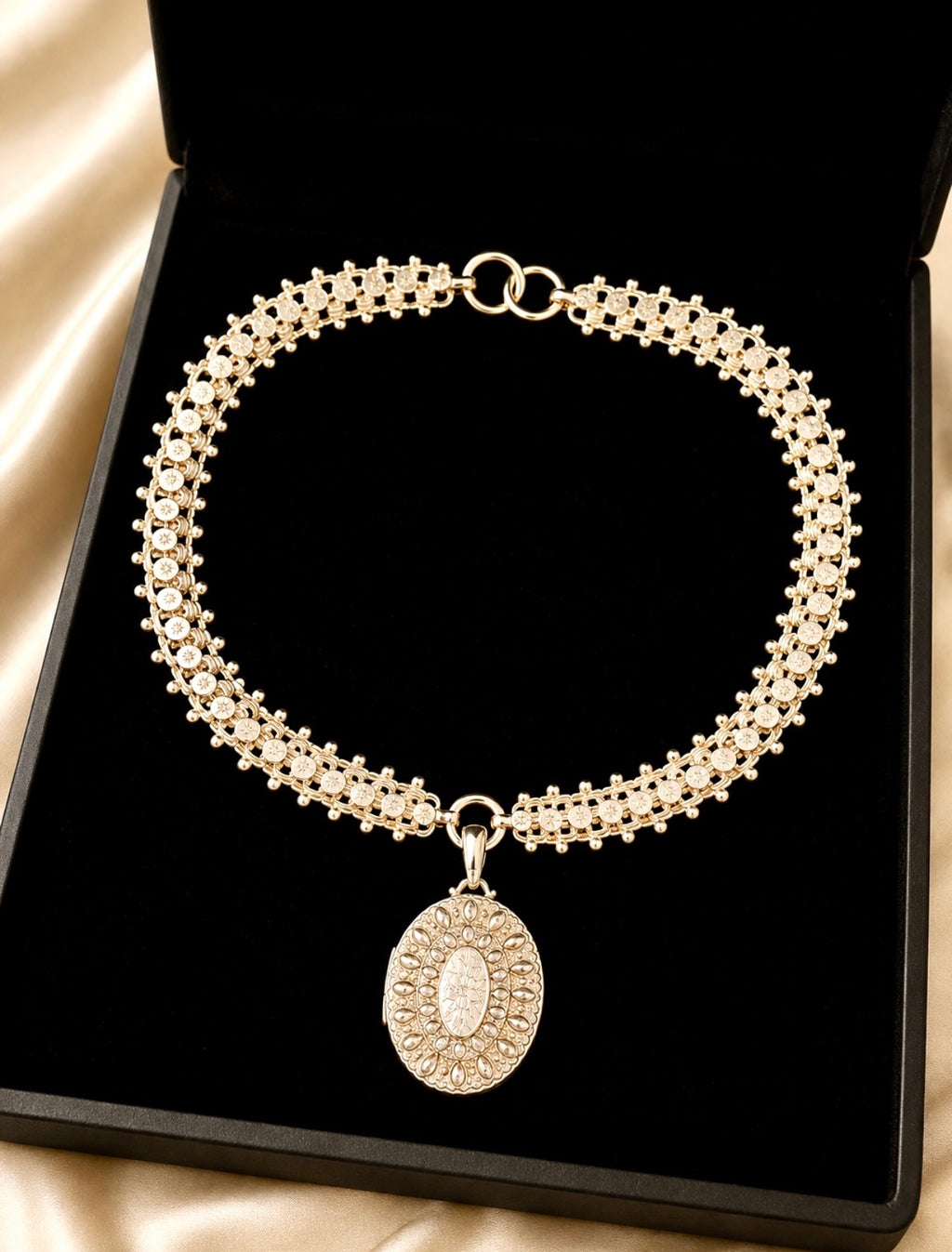 Antique Victorian Sterling Silver Book Chain Necklace with Original Oval Locket