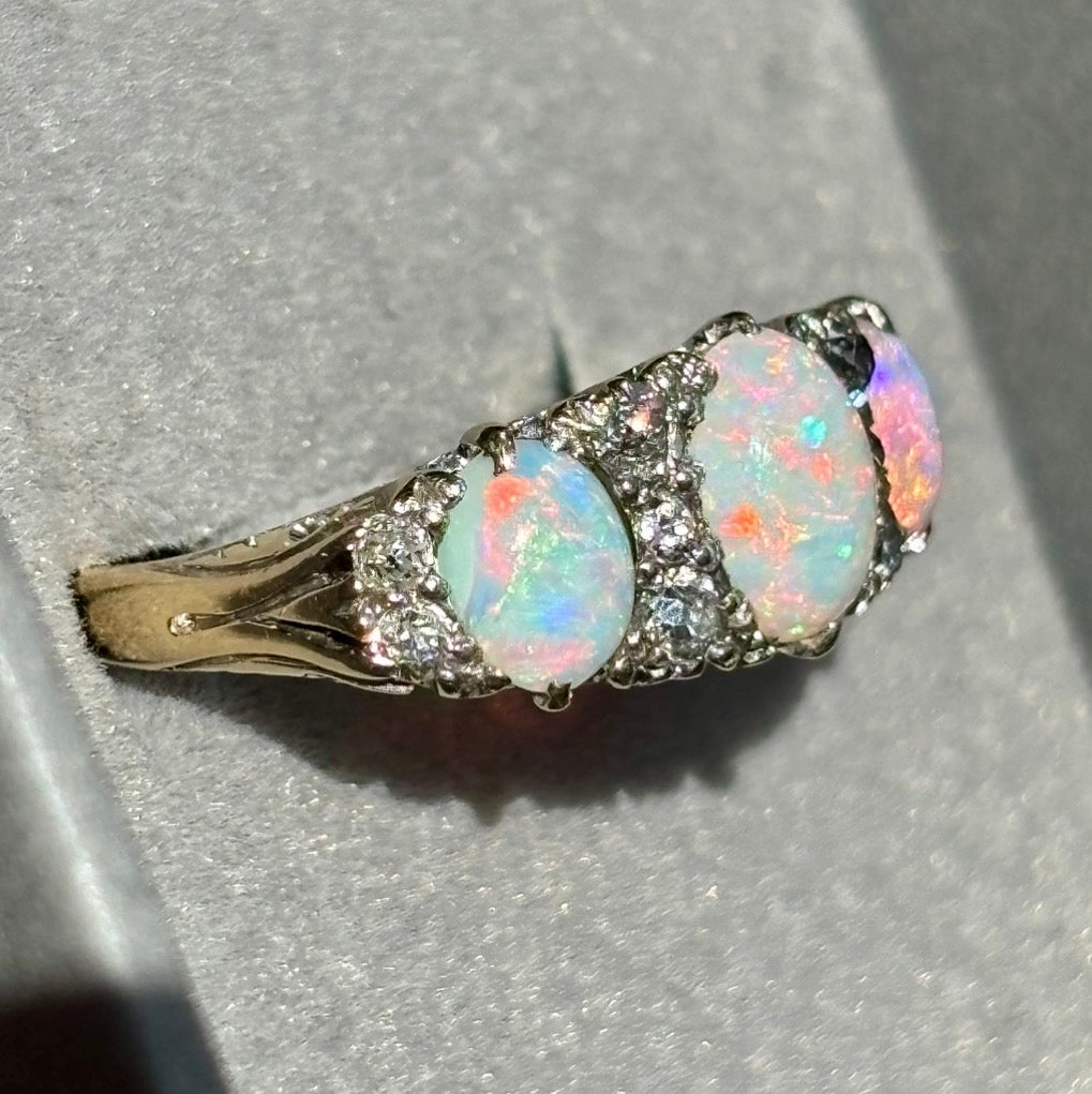 Antique Victorian Australian Opal & Old Cut Diamond Ring, Circa 1890s, 18ct Gold