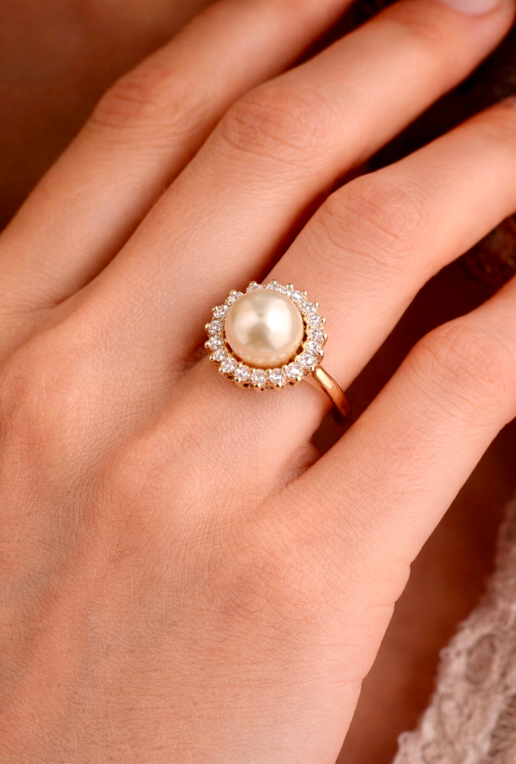 Vintage Pearl and Diamond Cluster Ring, 8mm Pearl, 18ct Gold, London 1987
