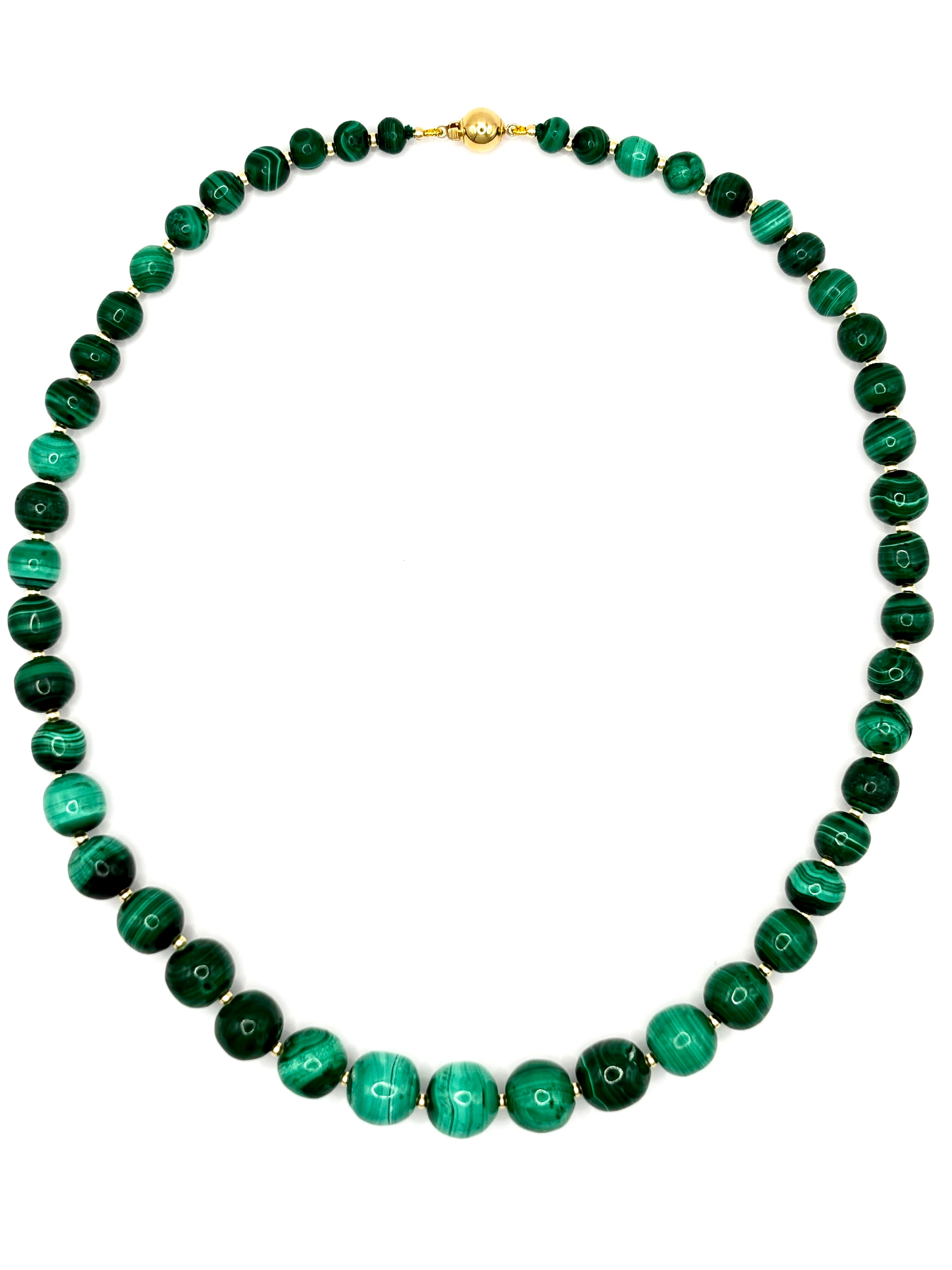 Vintage Malachite Bead Necklace, Graduated, 18k Gold Spacers & Clasp, 53cm long