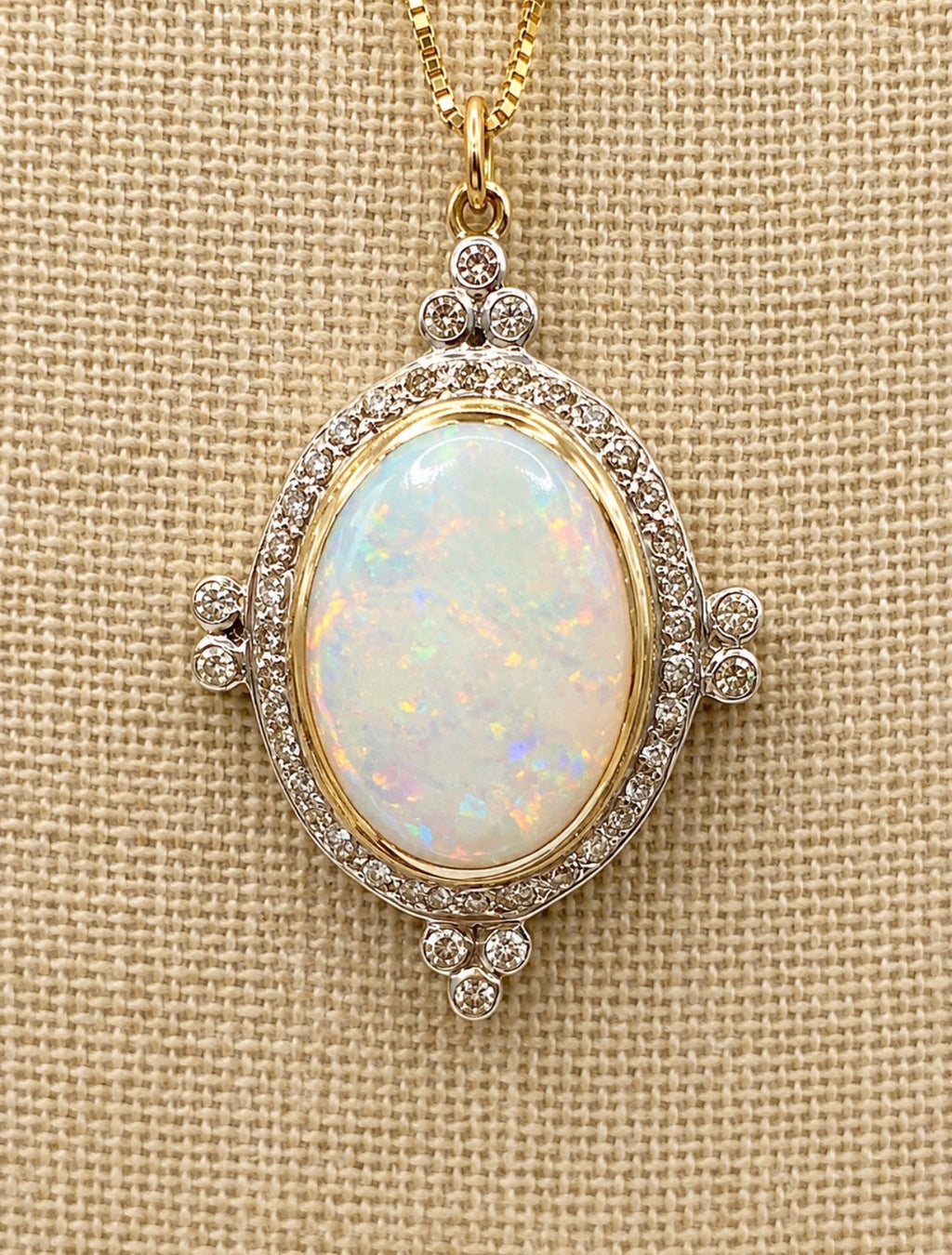 Vintage Edwardian Revival Opal and Diamond Pendant Necklace in 18K Gold with 18K Chain